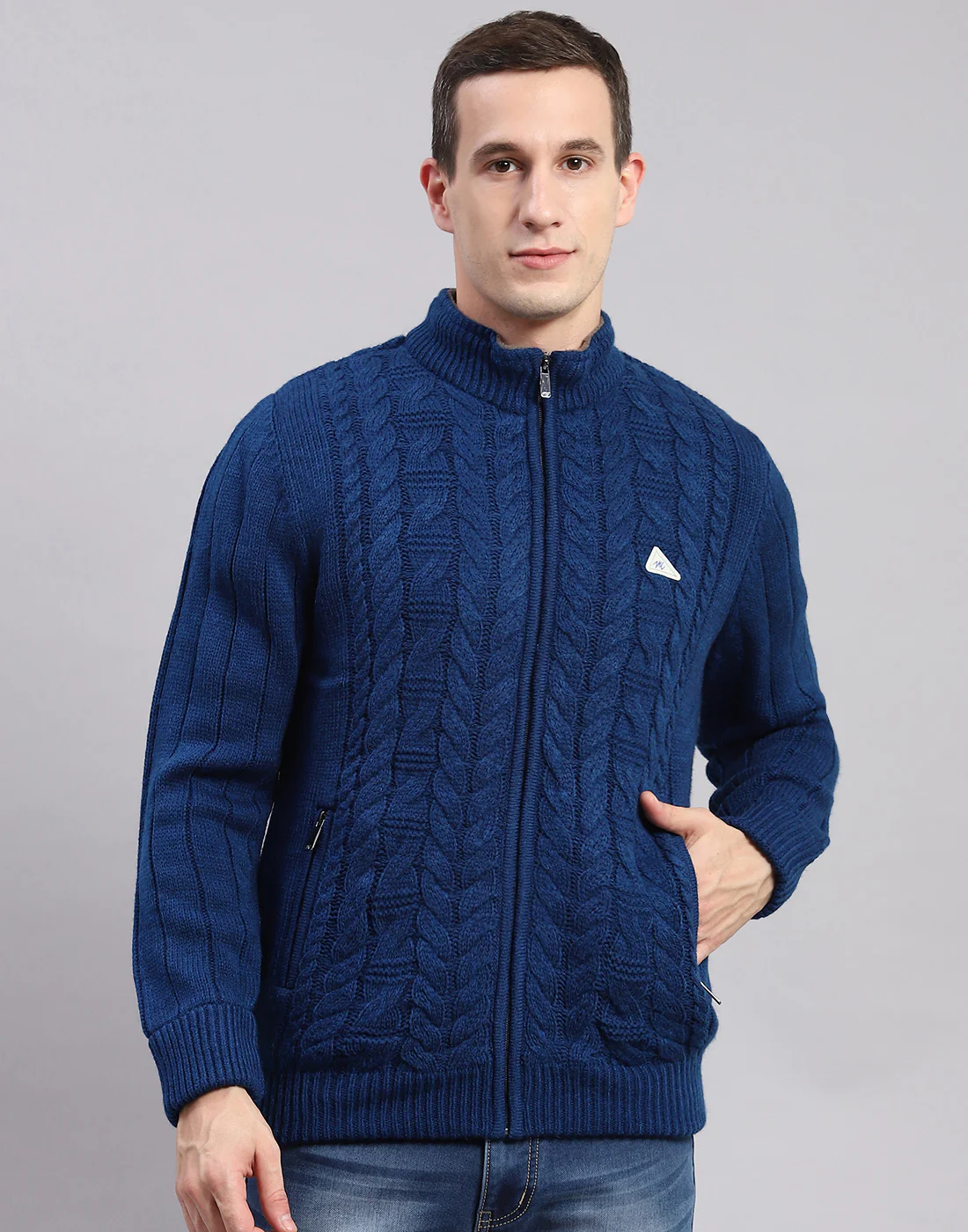 Men Blue Self Design Stand Collar Full Sleeve Jackets - Image 2