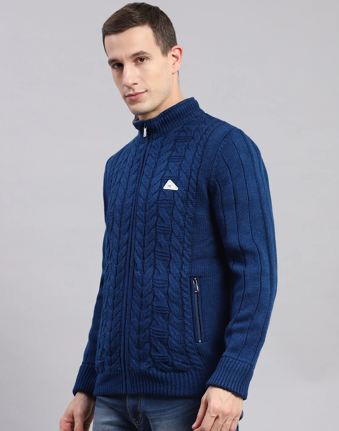 Men Blue Self Design Stand Collar Full Sleeve Jackets - Image 3