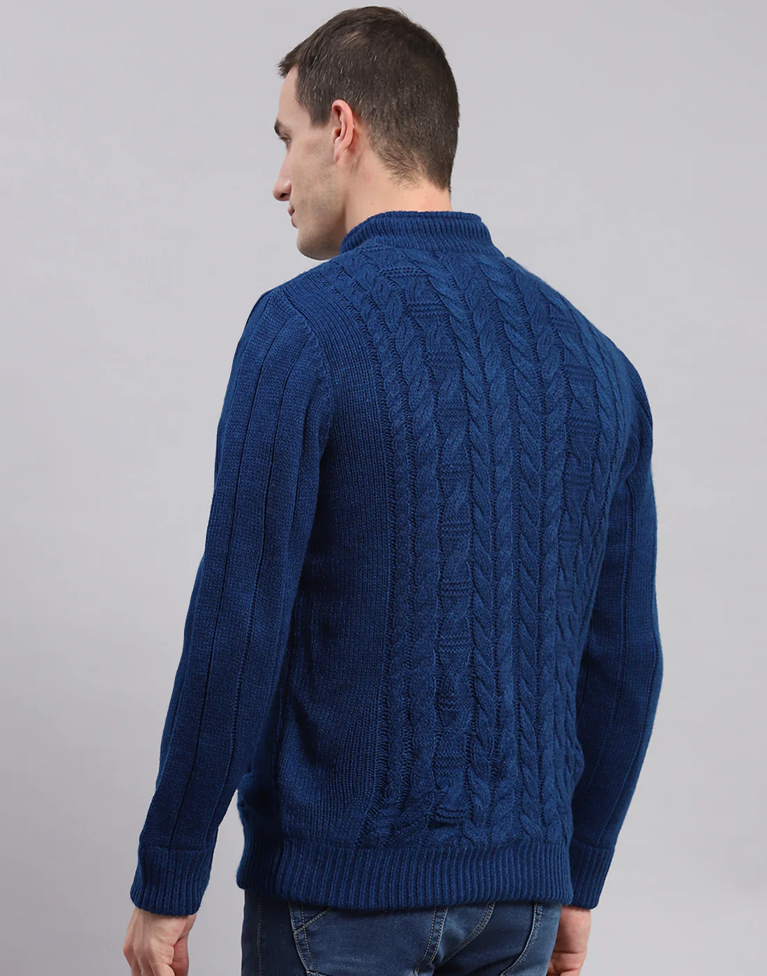 Men Blue Self Design Stand Collar Full Sleeve Jackets - Image 5
