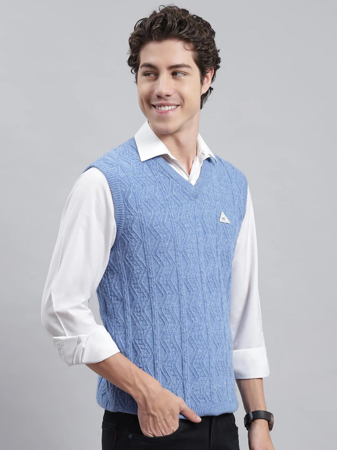 Men Blue Self Sweater - Image 3