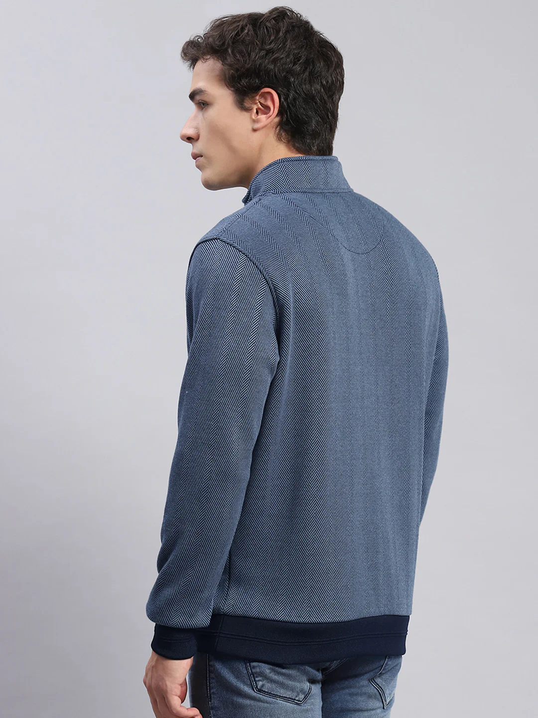 Men Blue Self Design T Neck Full Sleeve Sweatshirts - Image 5