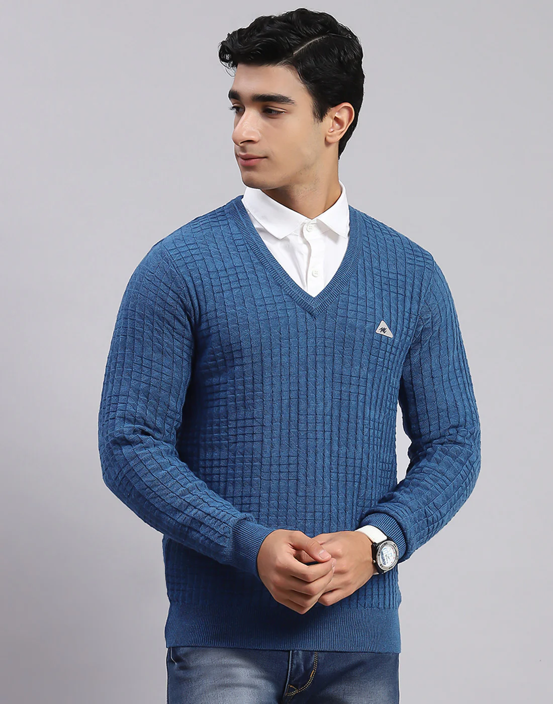 Men Blue Self Design V Neck Full Sleeve Sweaters/Pullovers - Image 2