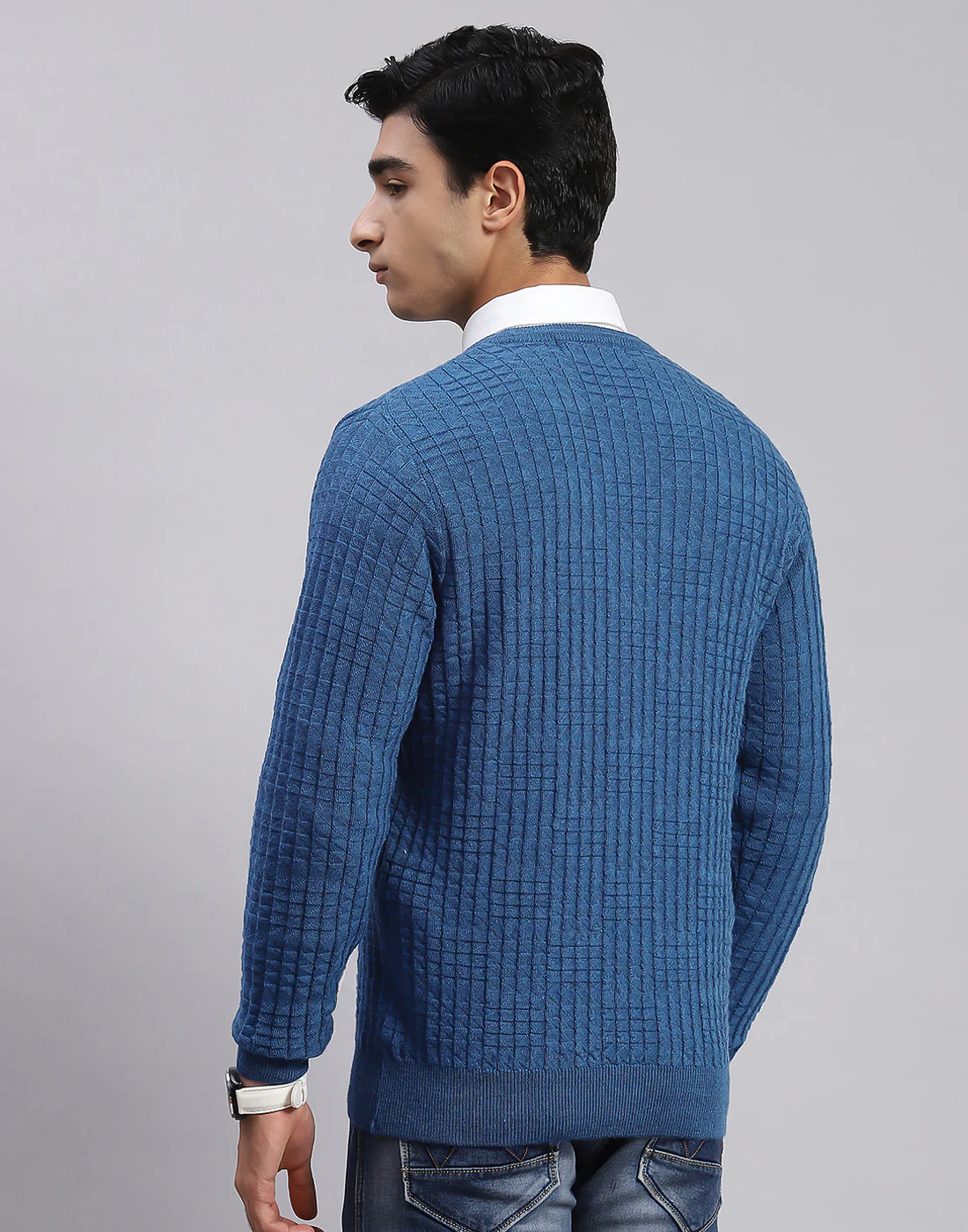 Men Blue Self Design V Neck Full Sleeve Sweaters/Pullovers - Image 5