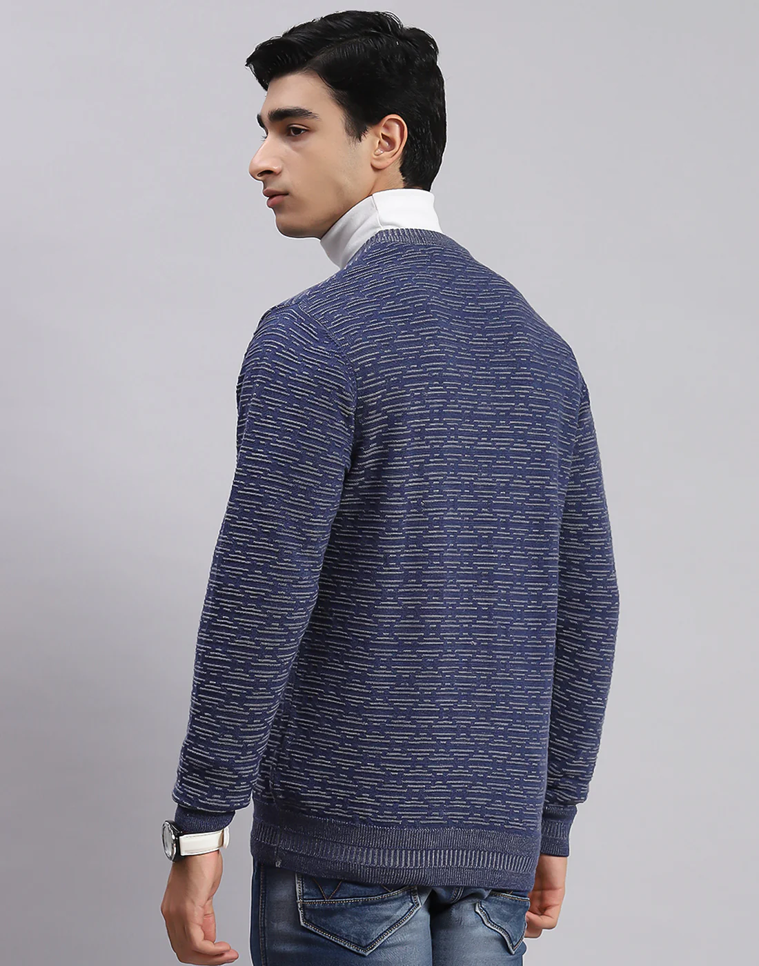 Men Blue Self Design V Neck Full Sleeve Sweaters/Pullovers - Image 4