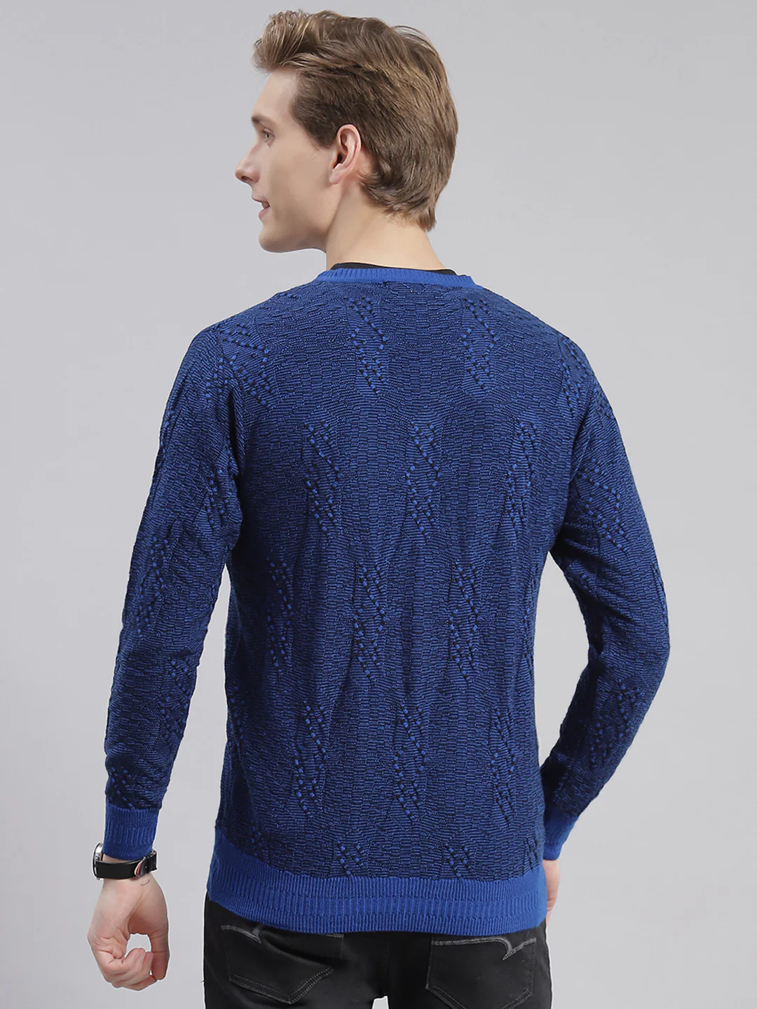 Men Blue Self Design V Neck Full Sleeve Sweaters/Pullovers - Image 5