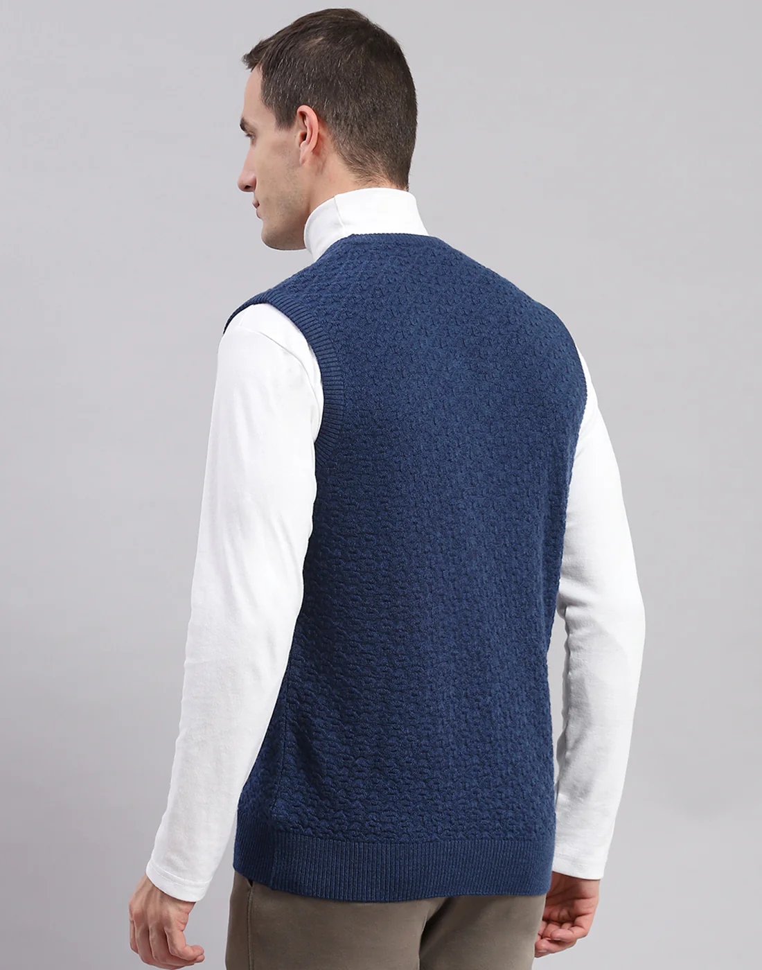 Men Blue Self Design V Neck Sleeveless Sweaters/Pullovers - Image 5