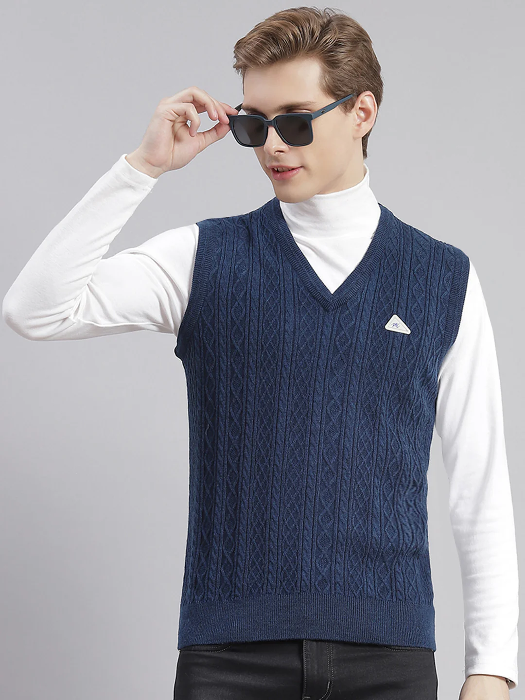 Men Blue Self Design V Neck Sleeveless Sweaters/Pullovers - Image 2
