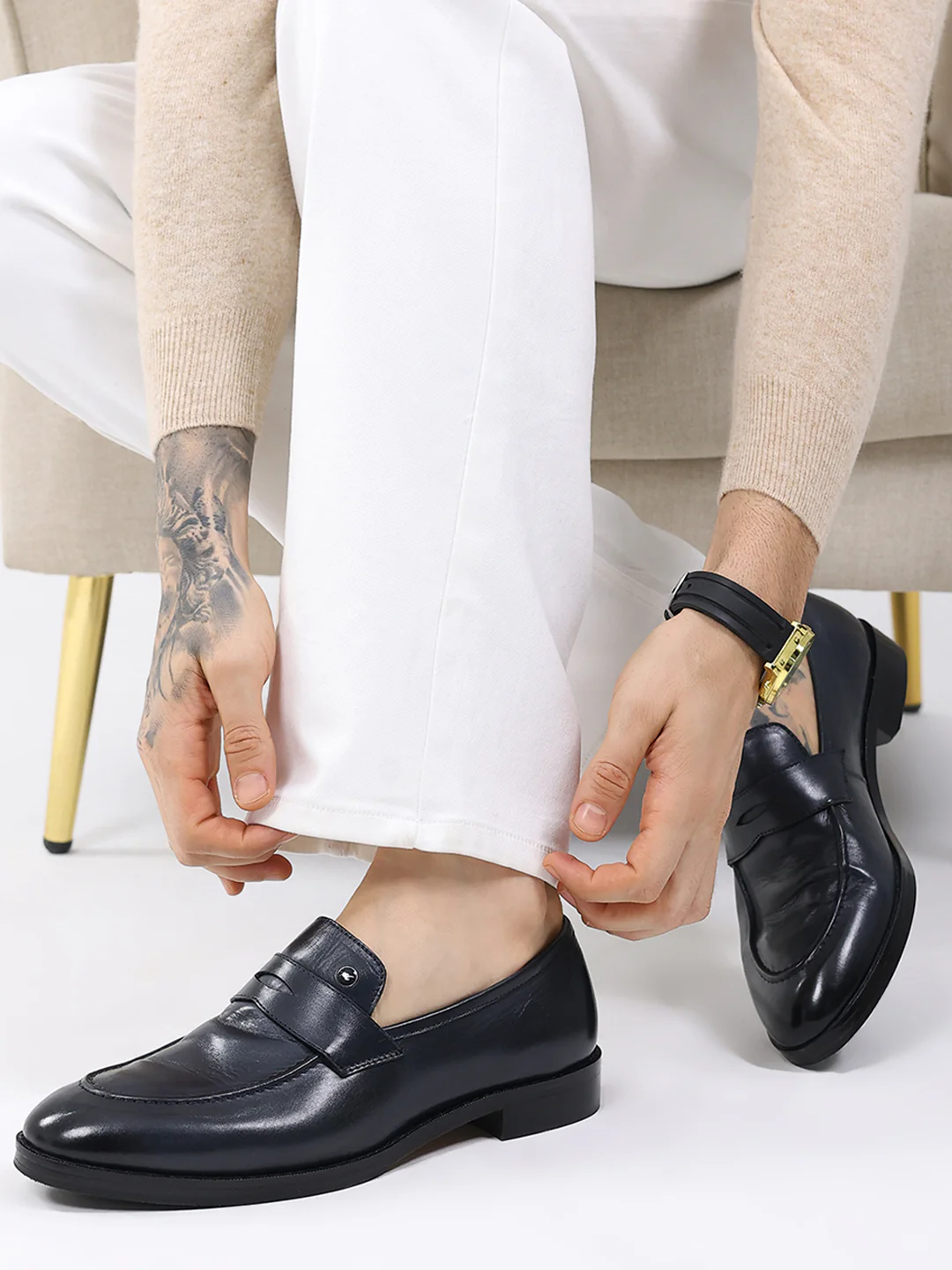 Men Dark Blue Slip on Leather Loafers - Image 10