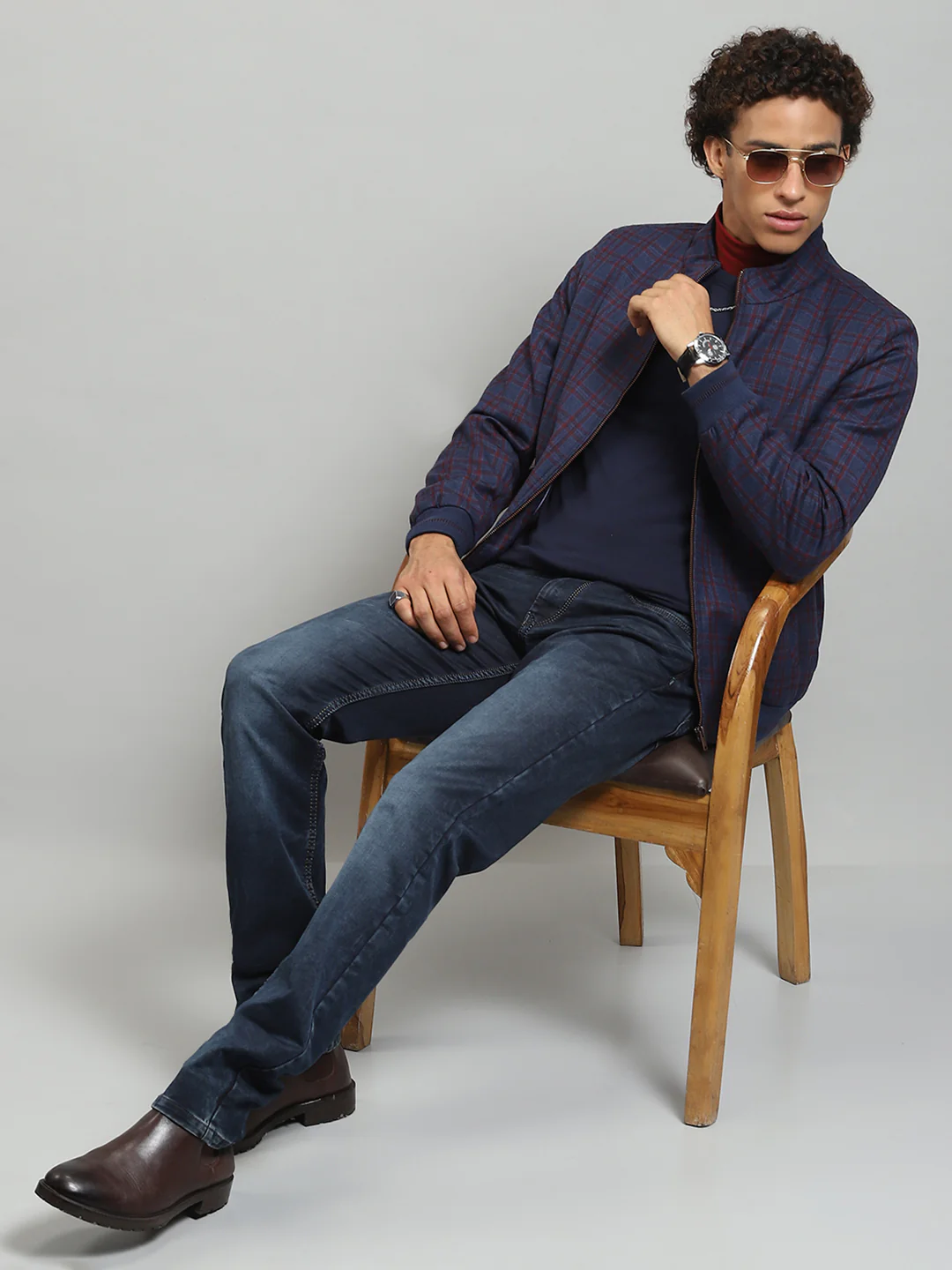 Men Blue Solid Band Collar Full Sleeve Jacket - Image 2