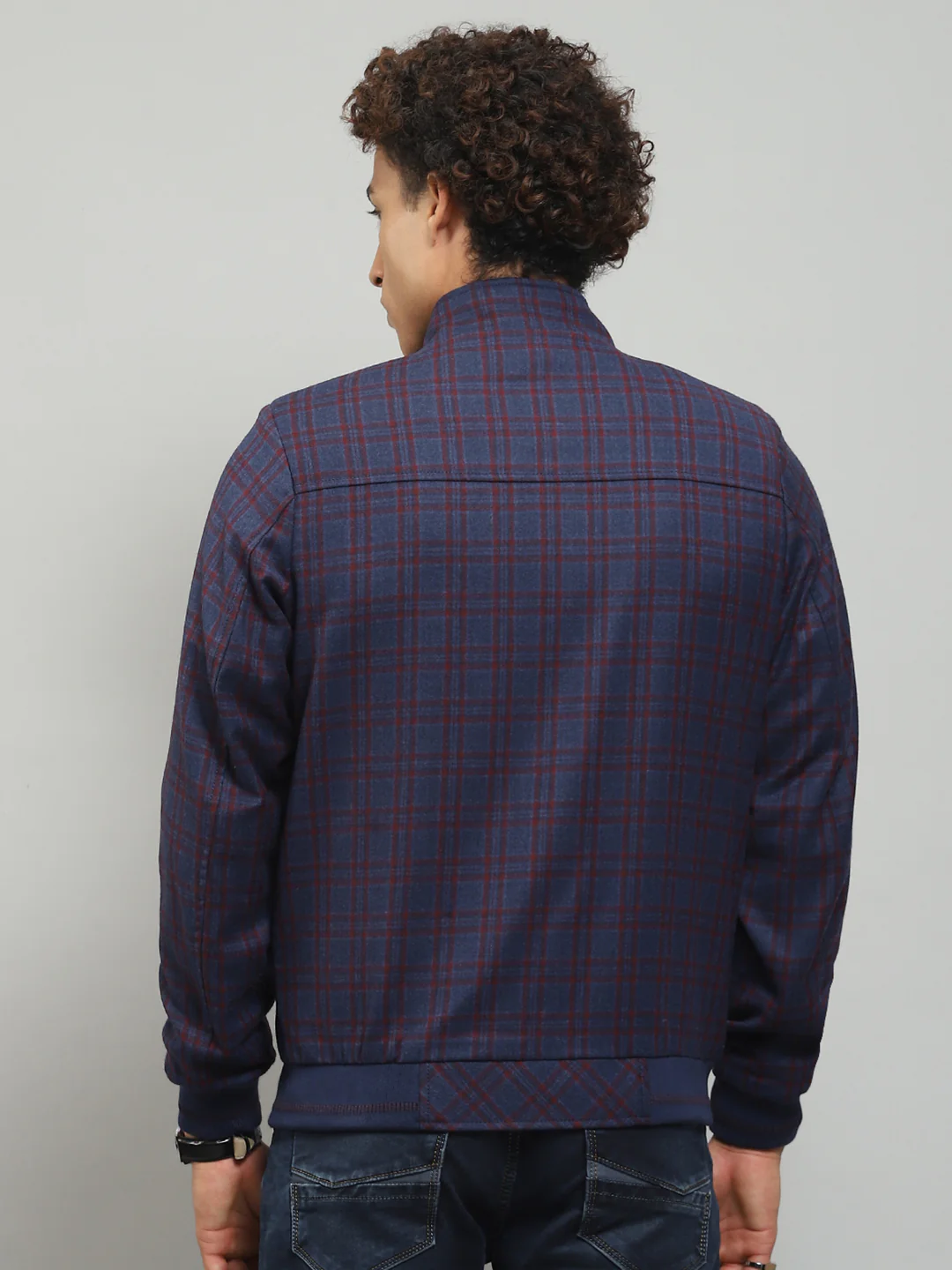 Men Blue Solid Band Collar Full Sleeve Jacket - Image 5