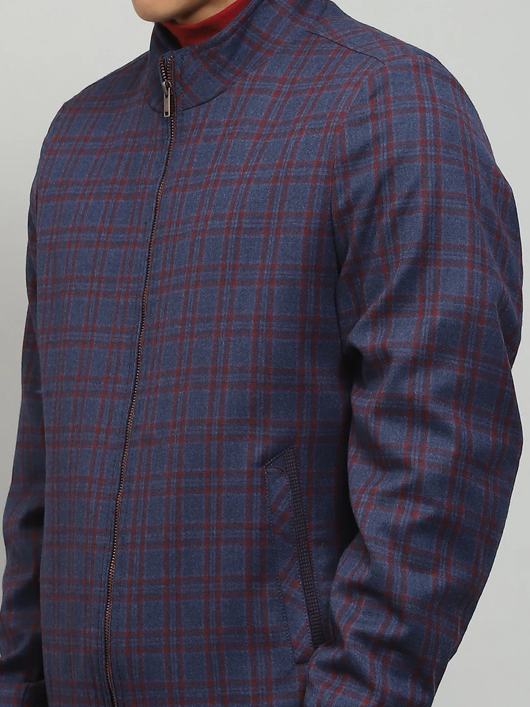 Men Blue Solid Band Collar Full Sleeve Jacket - Image 6