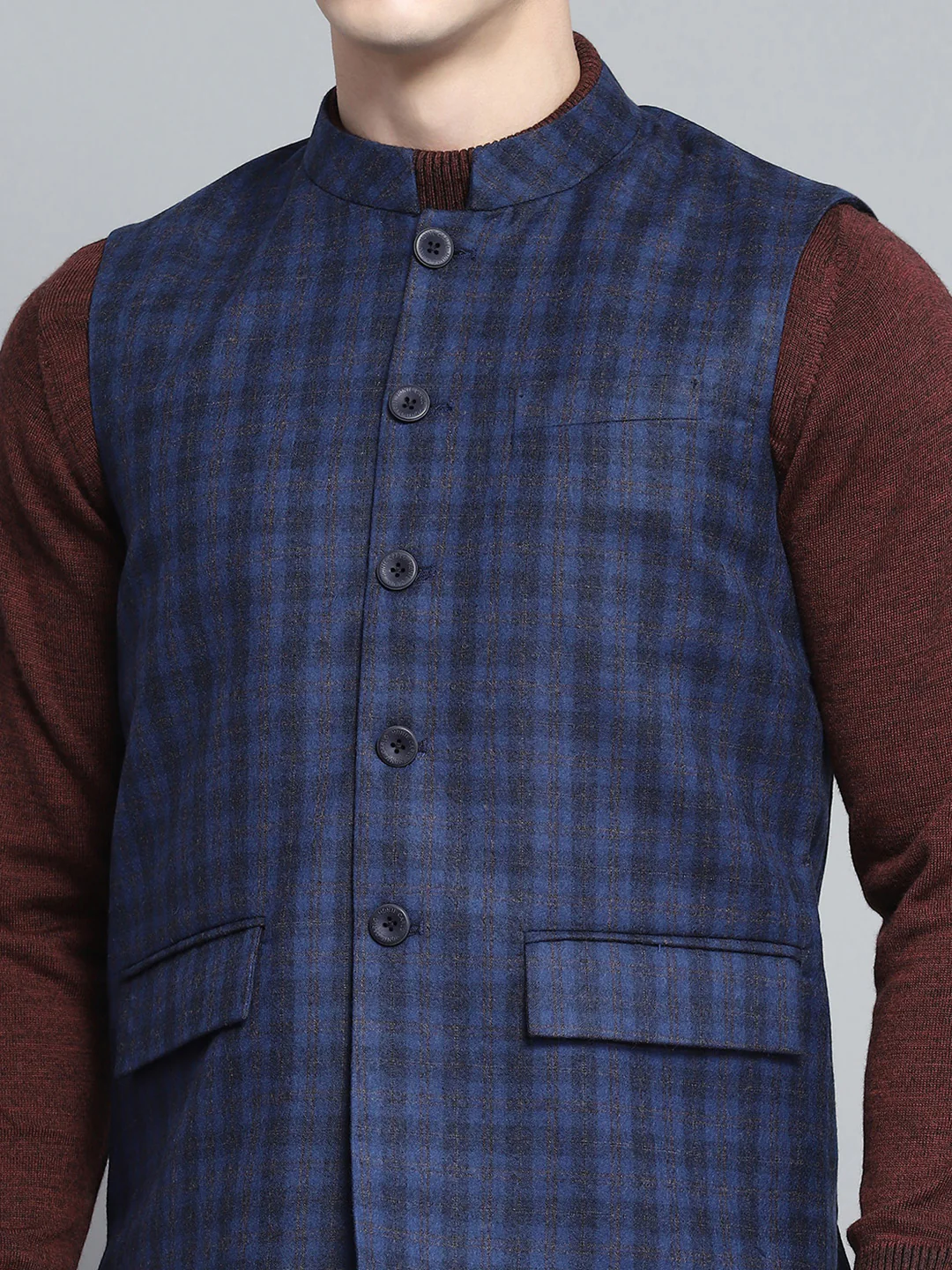 Men Blue Solid Band Collar Sleeveless Jacket - Image 6