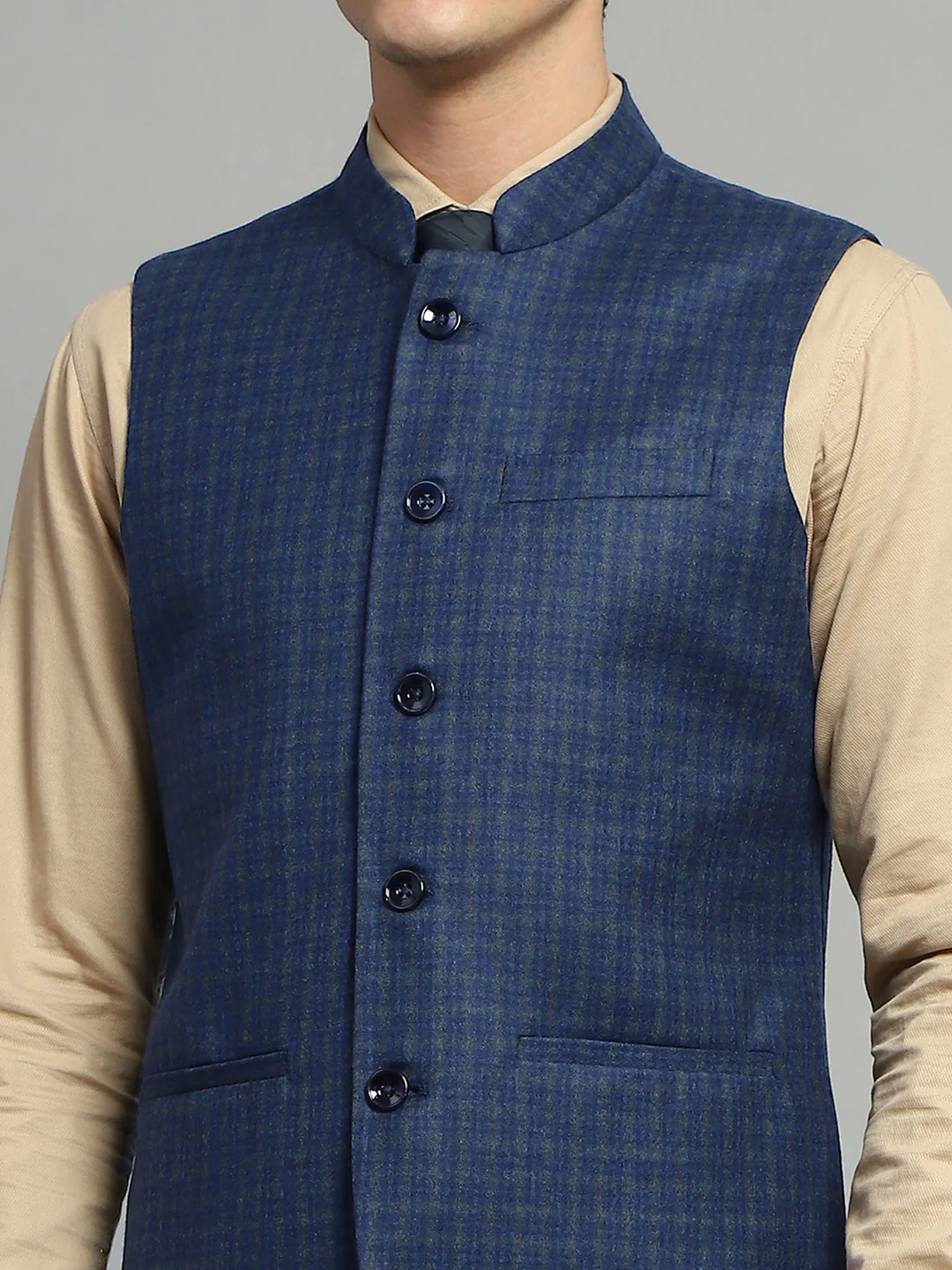 Luxuria Men Blue Solid Band Collar Sleeveless Jacket - Image 7