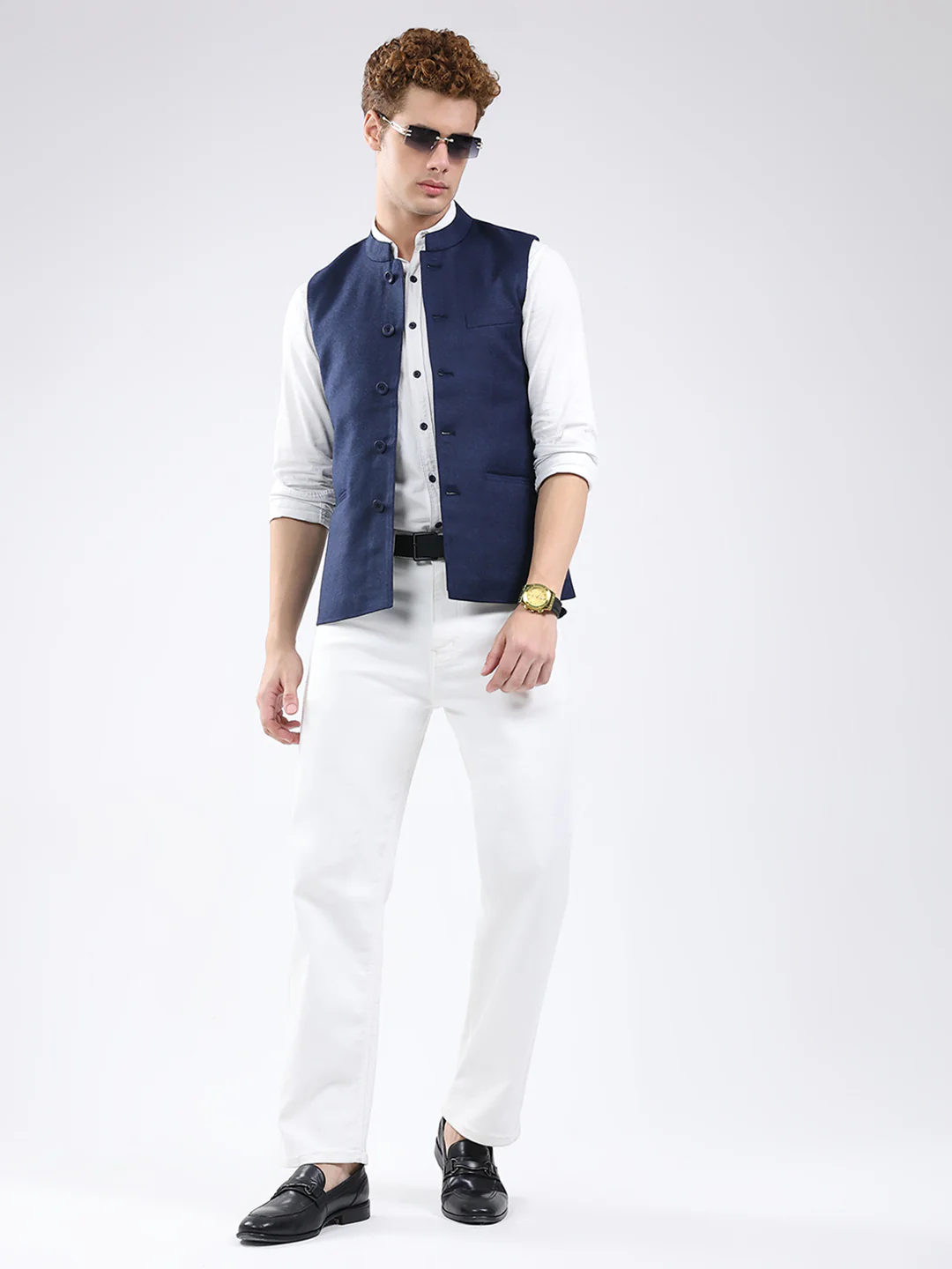 Men Blue Solid Band Neck Sleeveless Jacket - Image 2