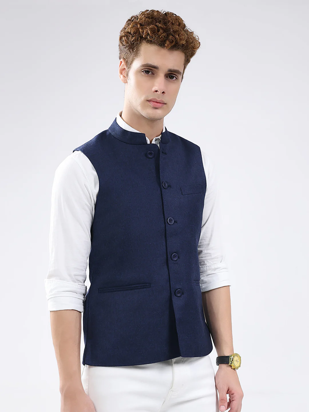 Men Blue Solid Band Neck Sleeveless Jacket - Image 4