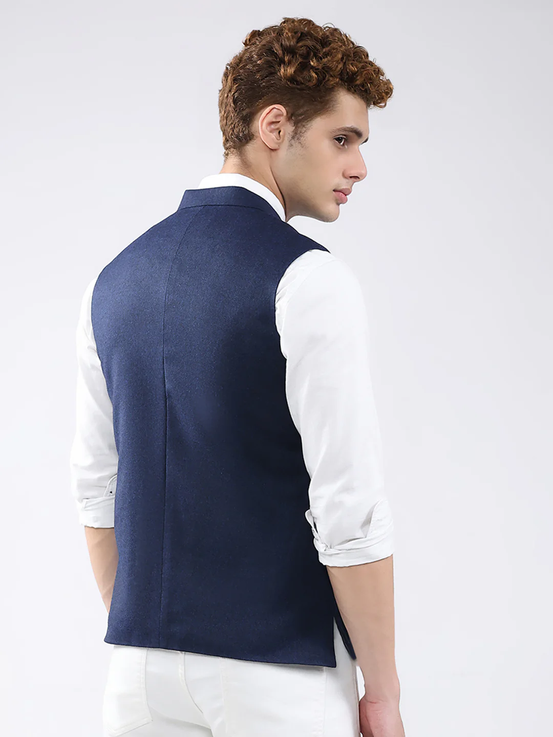 Men Blue Solid Band Neck Sleeveless Jacket - Image 5