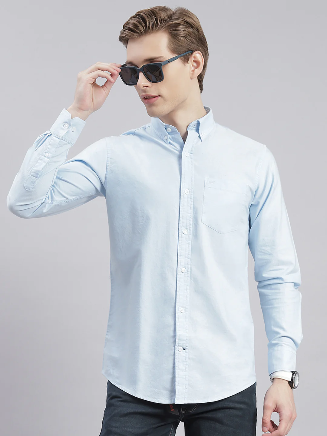 Men Blue Solid Button Down Full Sleeve Shirts - Image 2