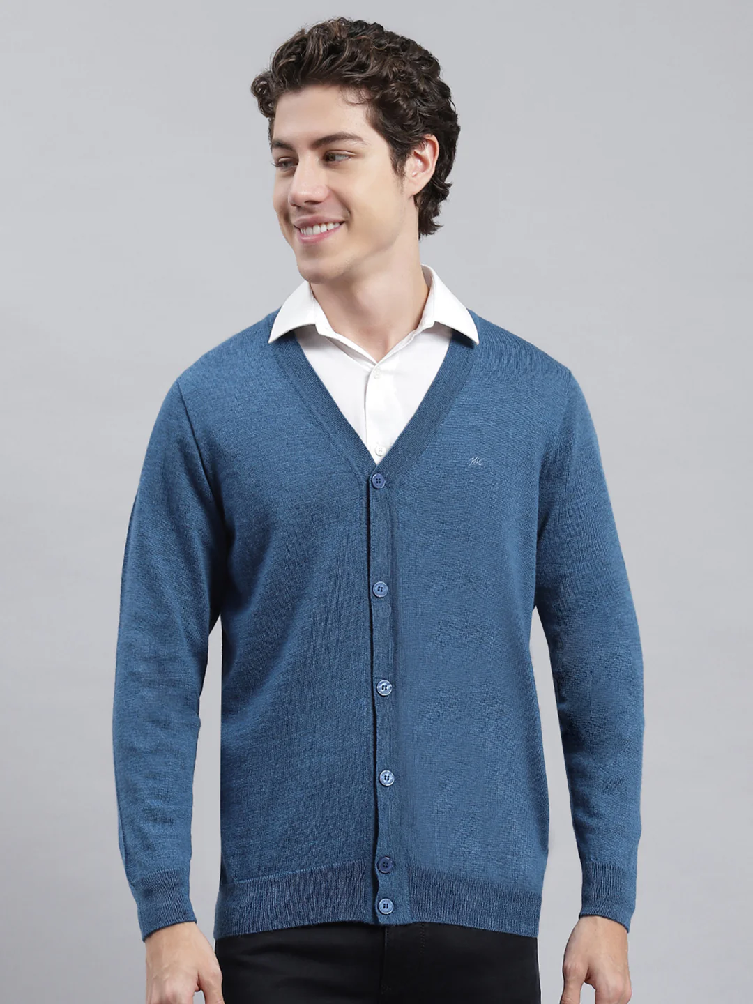 Men Blue Solid Cardigan - Image 3