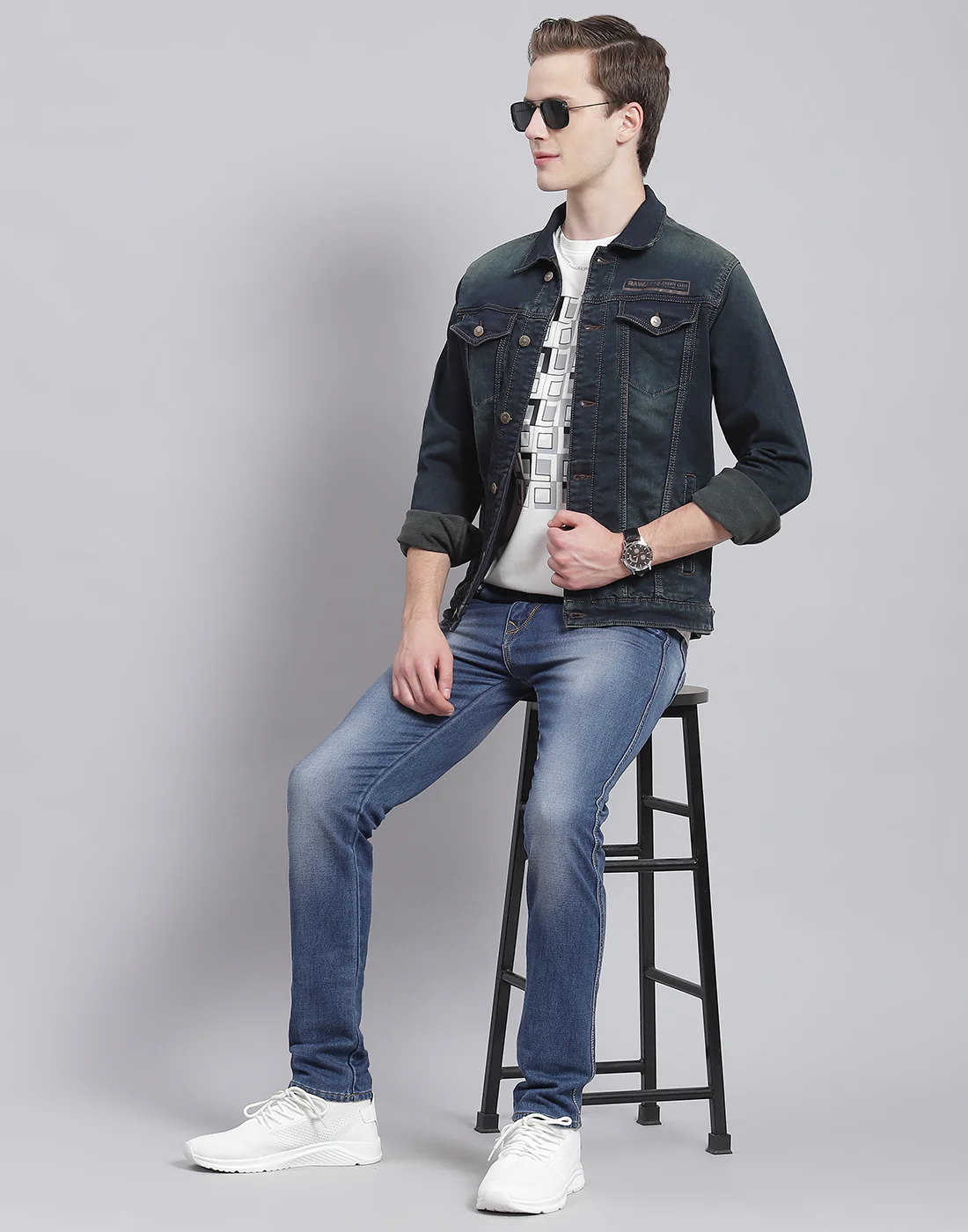 Men Blue Solid Collar Full Sleeve Jacket - Image 2