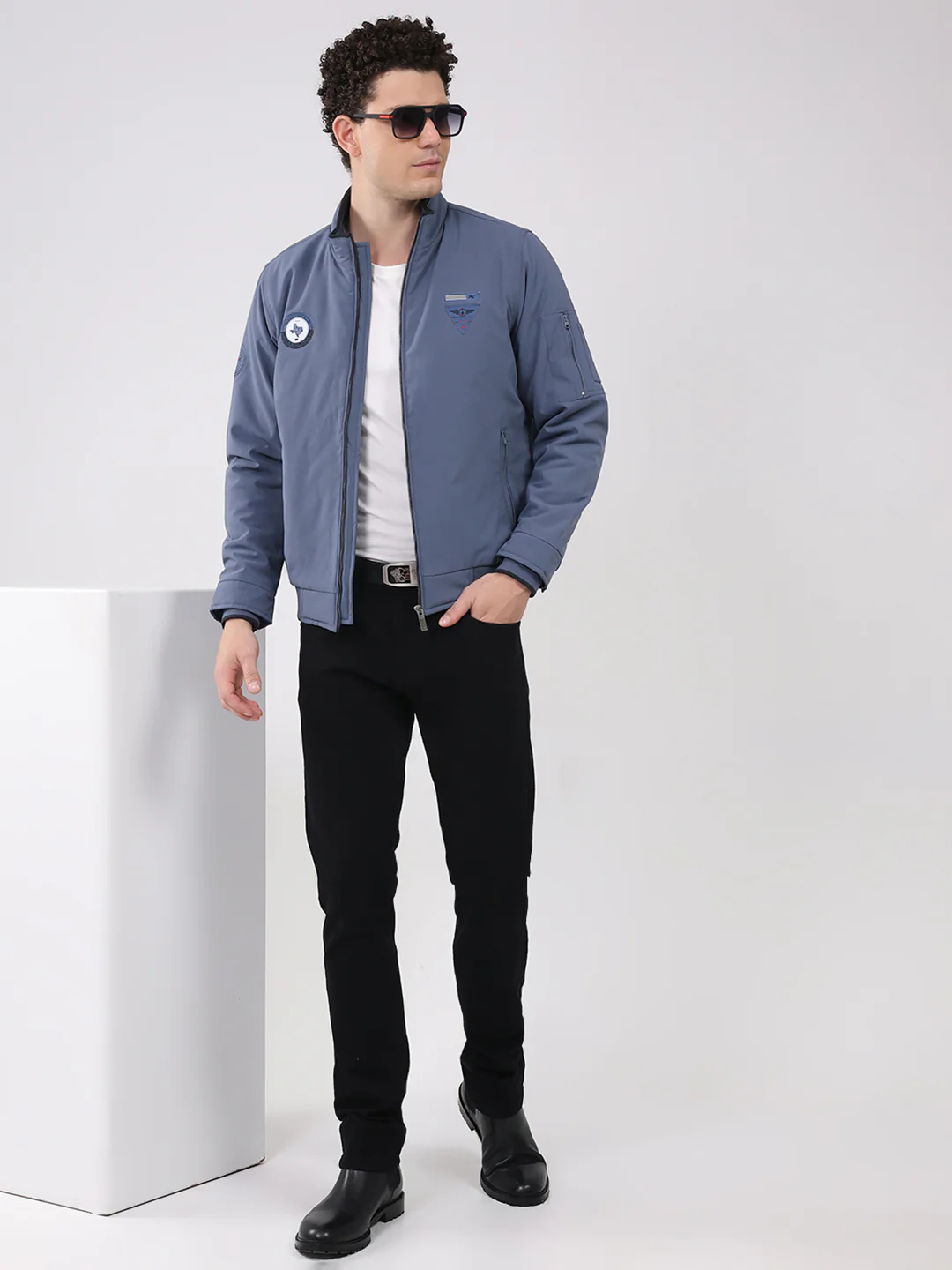 Men Blue Solid Collar Full Sleeve Jacket - Image 2