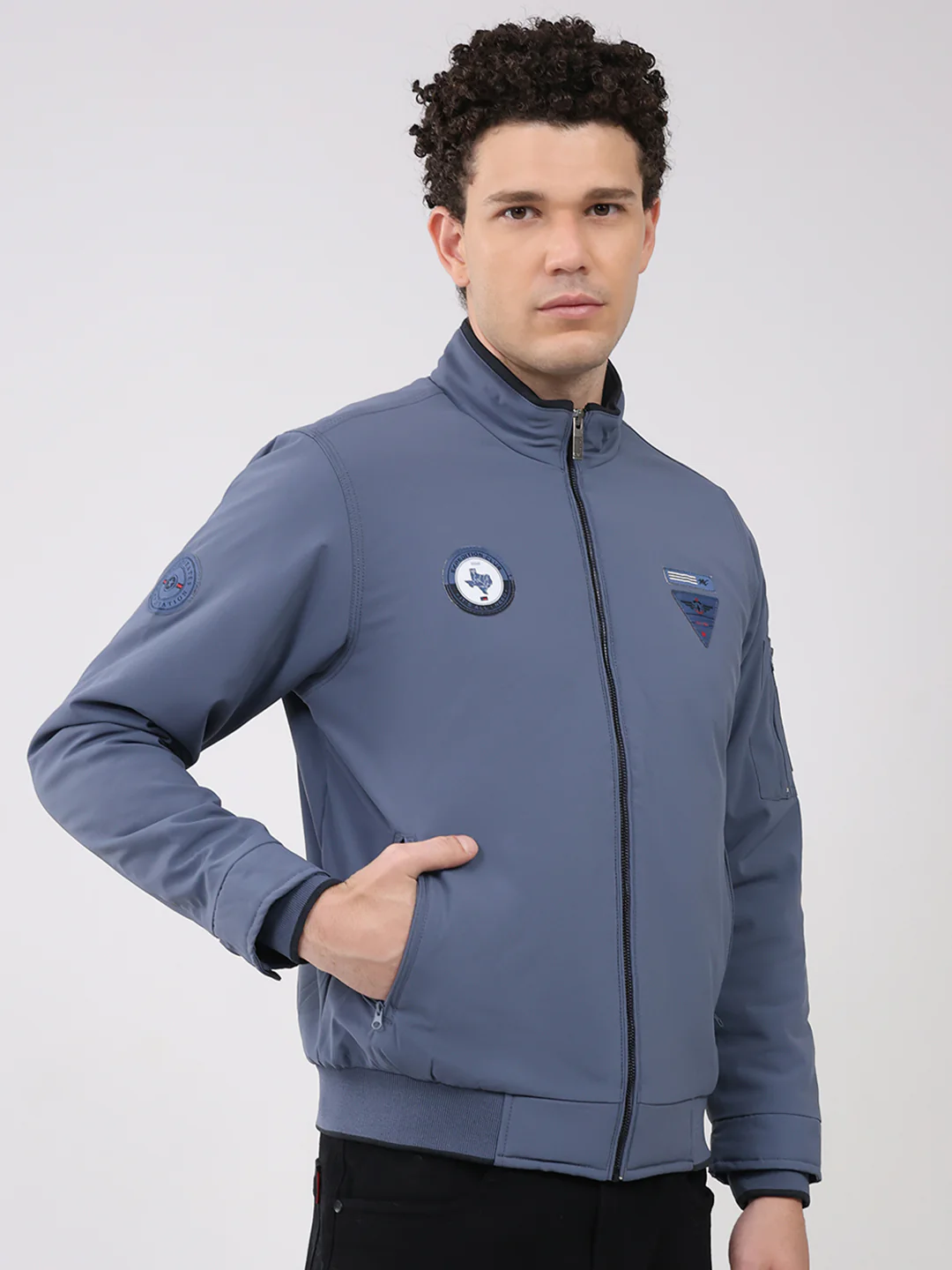 Men Blue Solid Collar Full Sleeve Jacket - Image 4