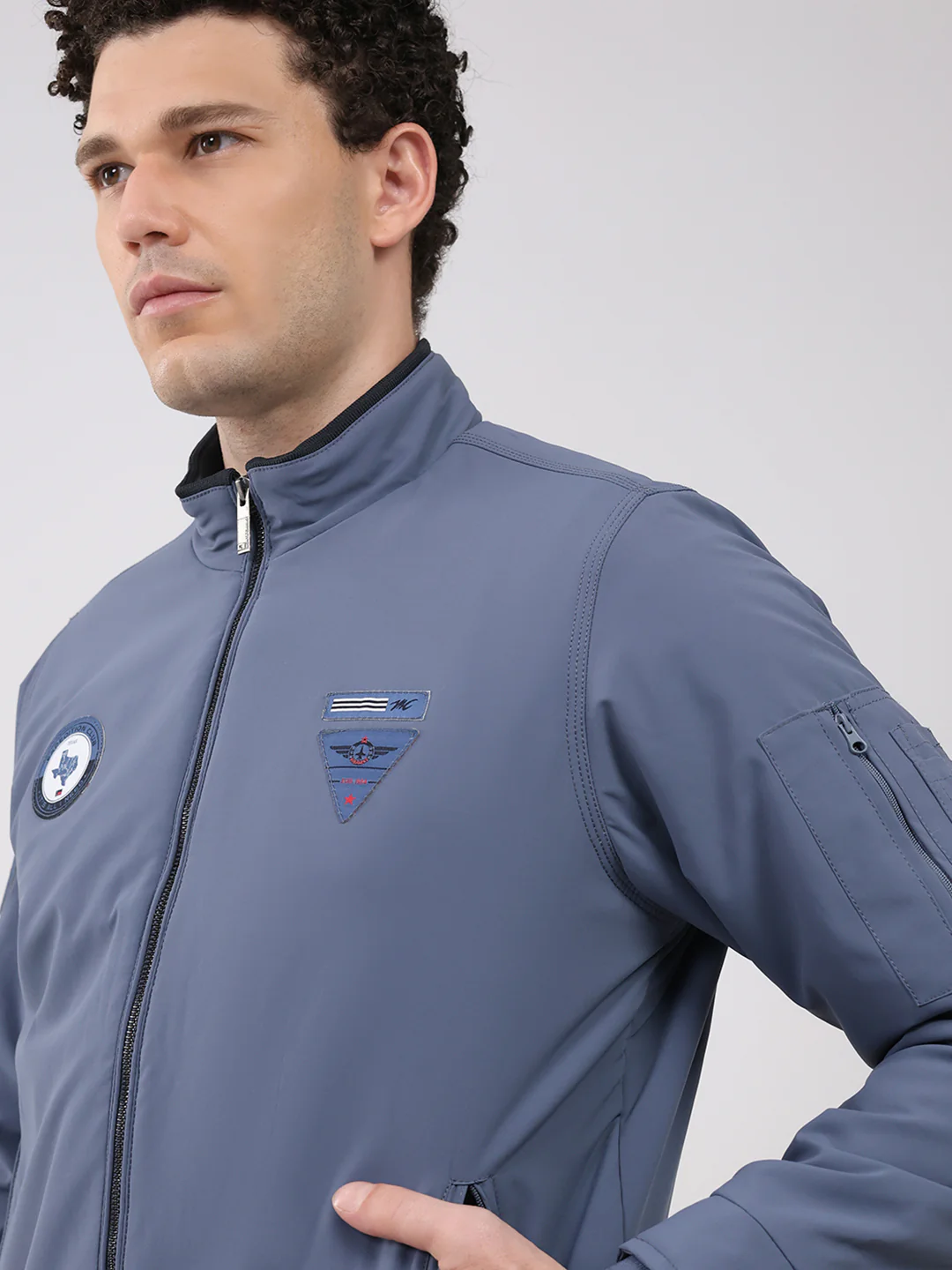 Men Blue Solid Collar Full Sleeve Jacket - Image 6