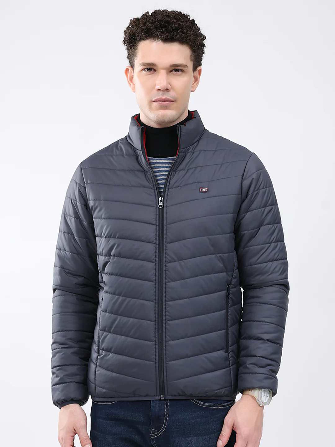 Men Blue Solid Collar Full Sleeve Jacket