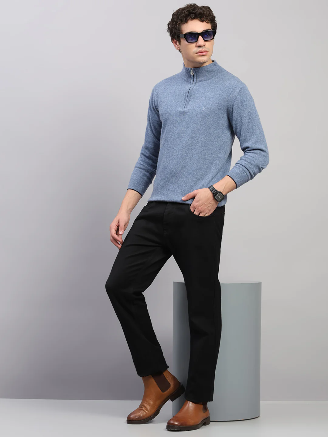 Luxuria Men Blue Solid Collar Full Sleeve Pullover - Image 2