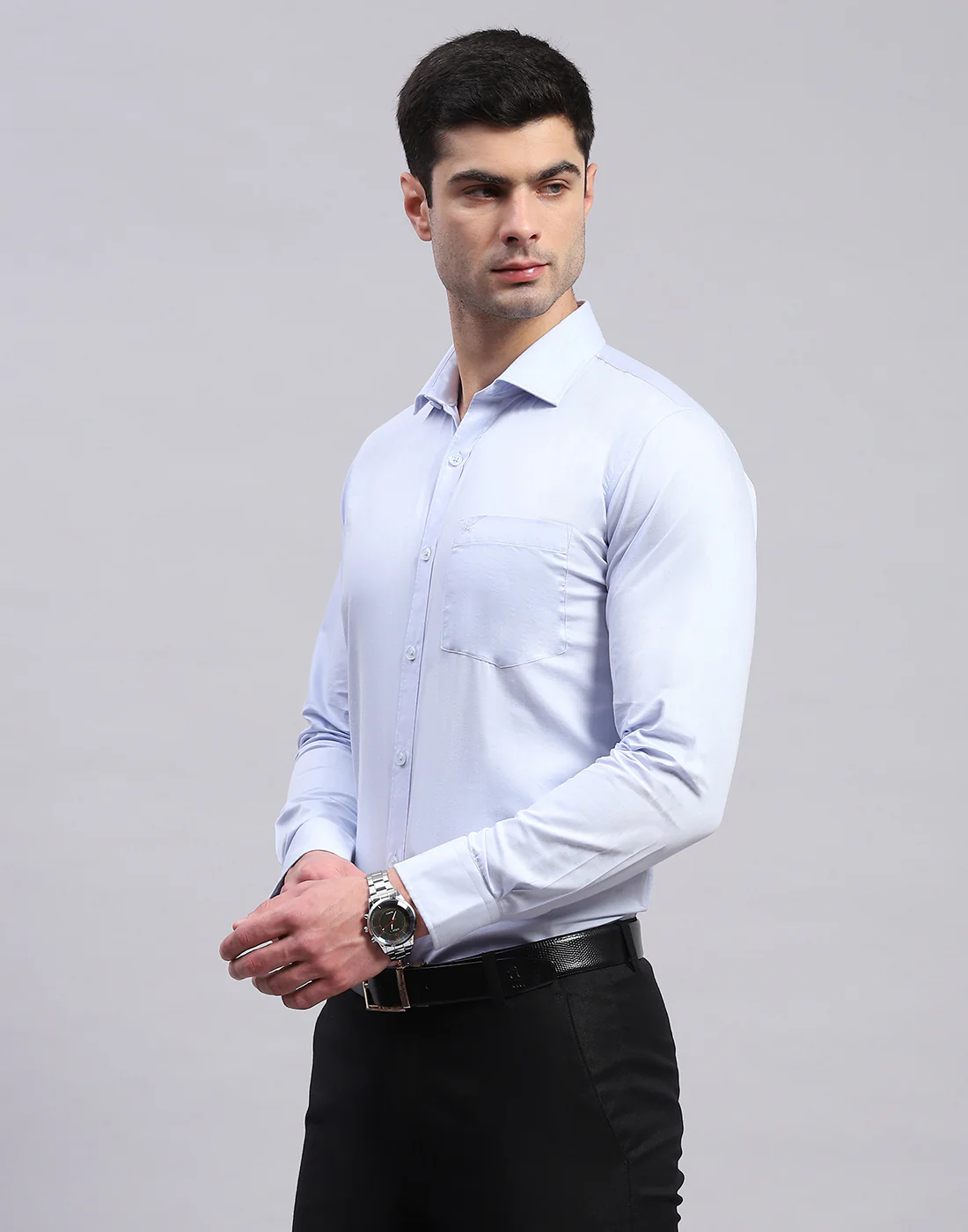 Men Blue Solid Collar Full Sleeve Shirt - Image 3