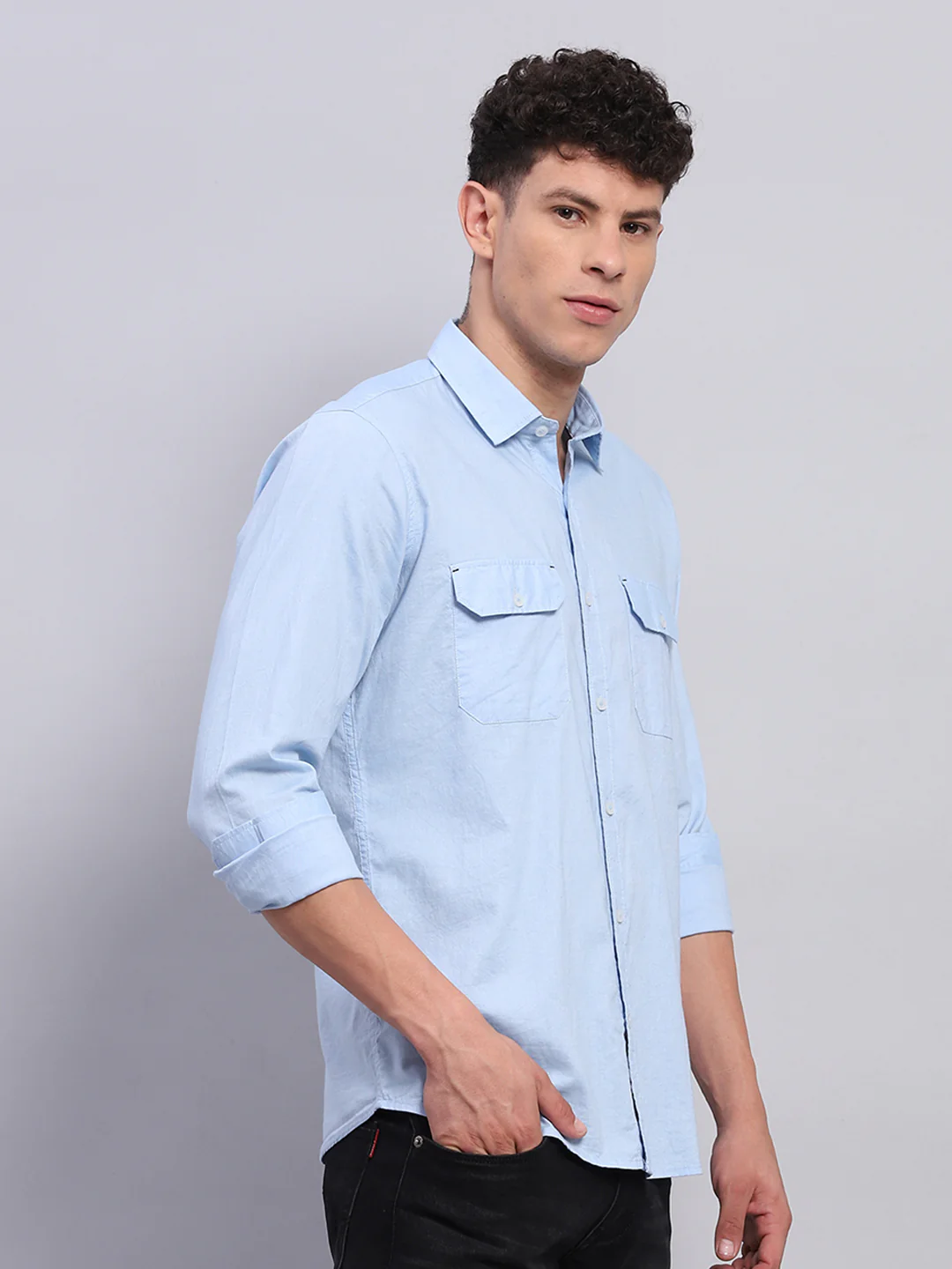 Men Blue Solid Collar Full Sleeve Shirt - Image 4