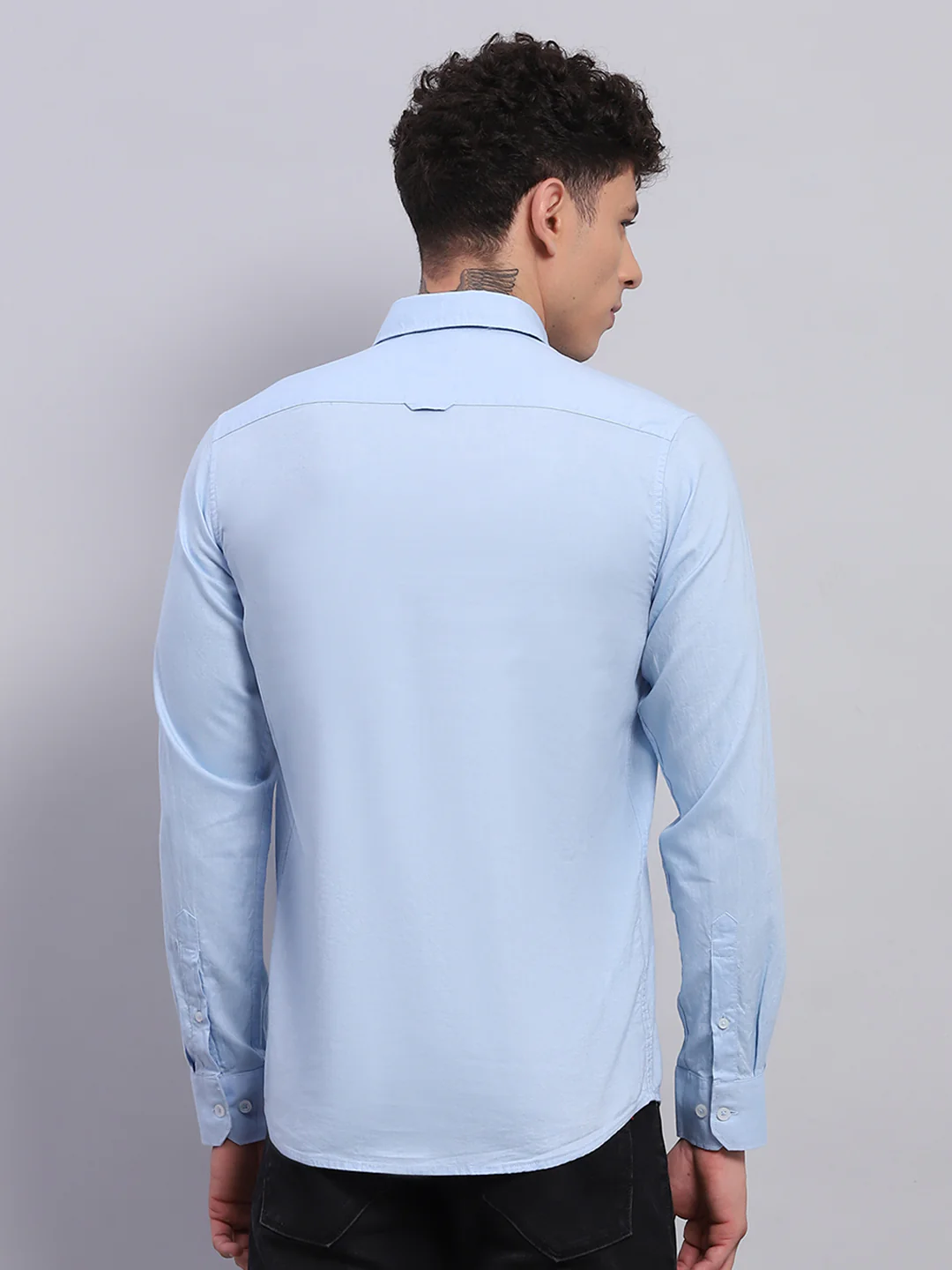 Men Blue Solid Collar Full Sleeve Shirt - Image 5