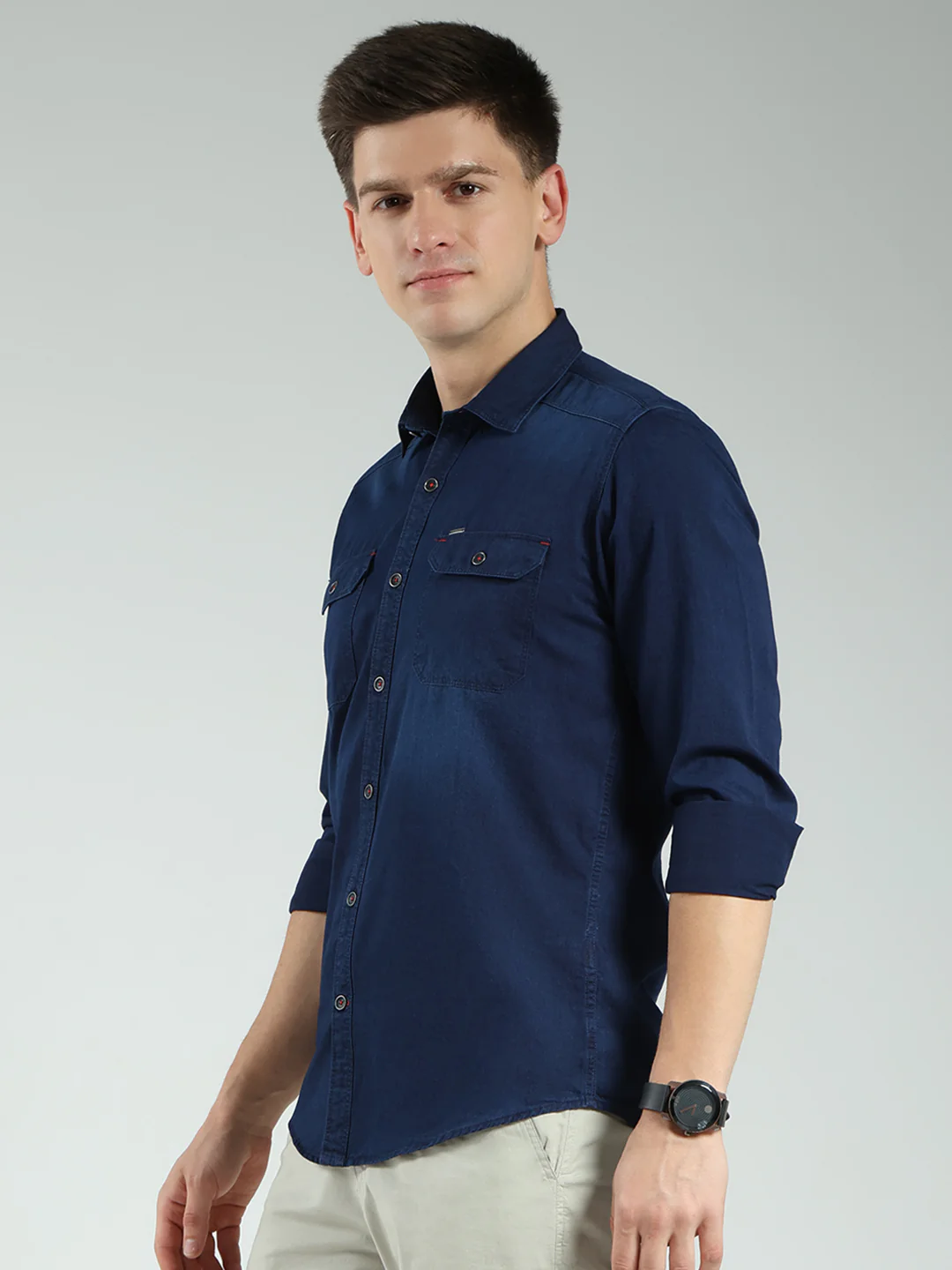 Men Blue Solid Collar Full Sleeve Shirt - Image 3