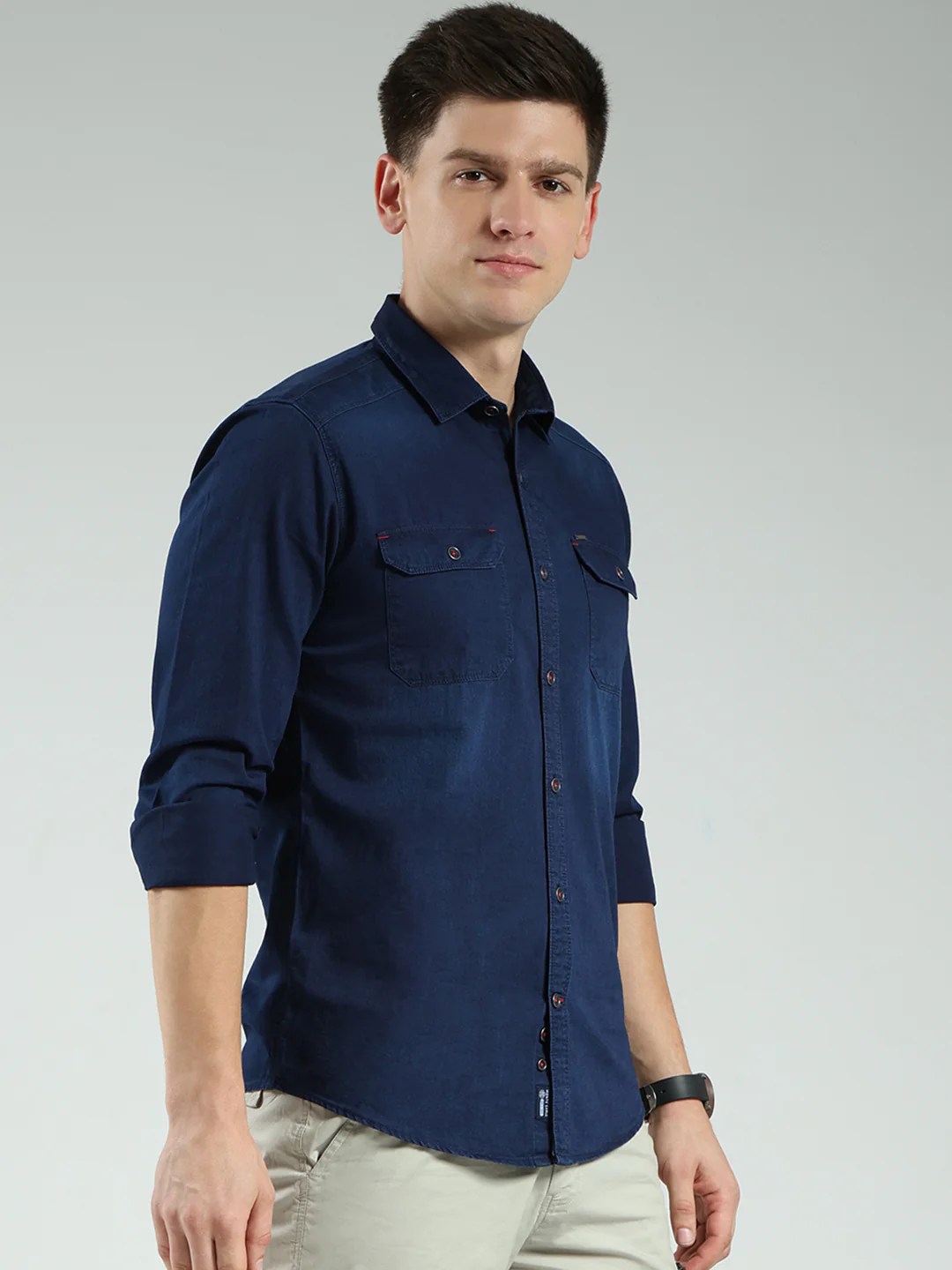 Men Blue Solid Collar Full Sleeve Shirt - Image 4