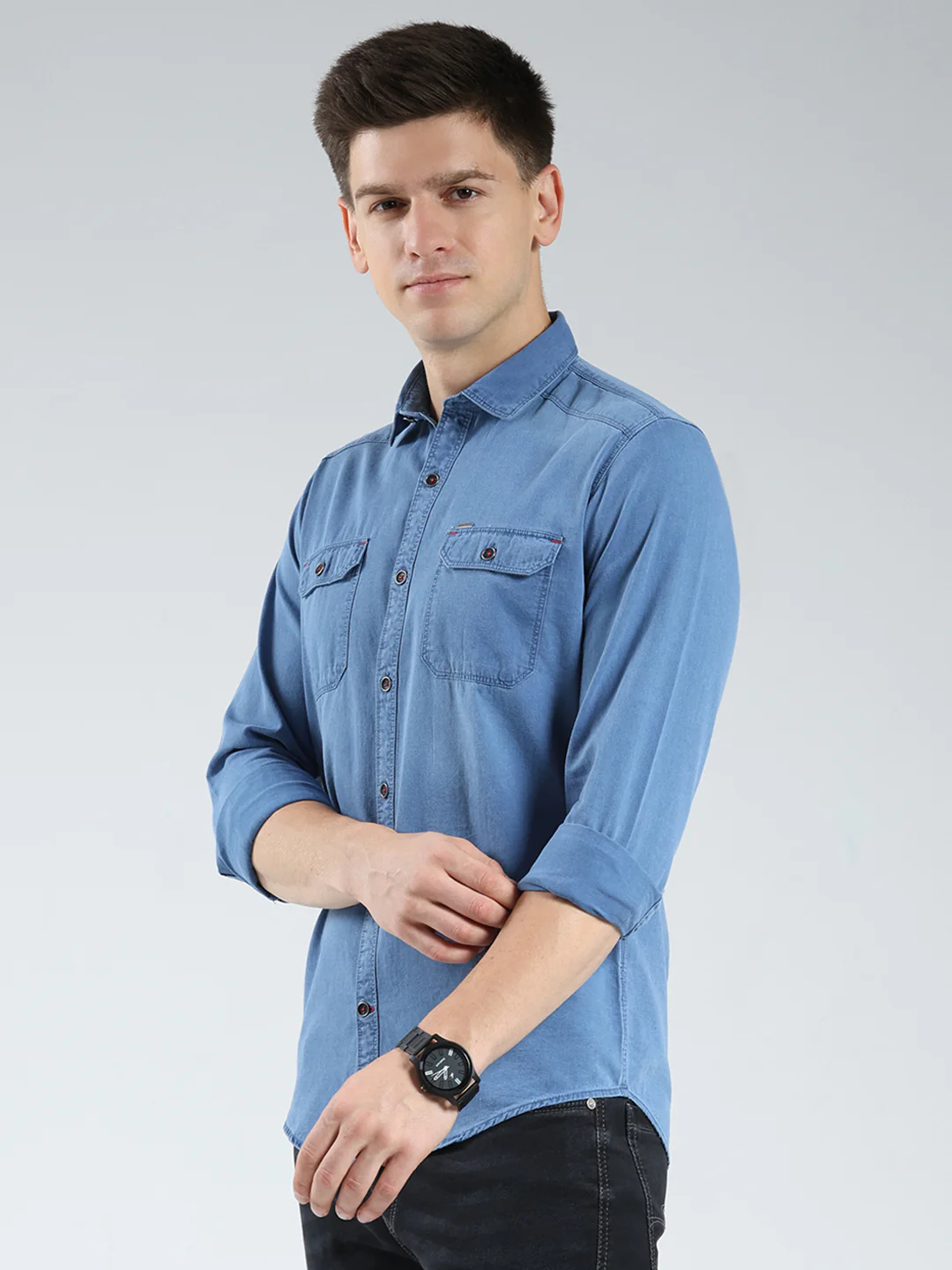 Men Blue Solid Collar Full Sleeve Shirt - Image 3