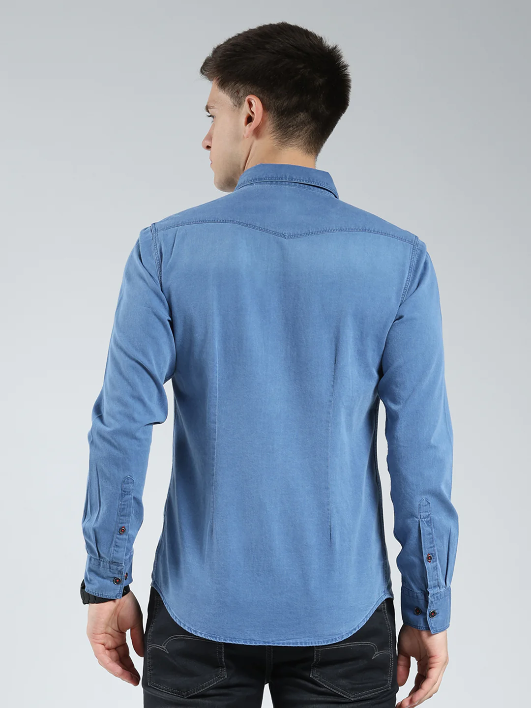 Men Blue Solid Collar Full Sleeve Shirt - Image 5