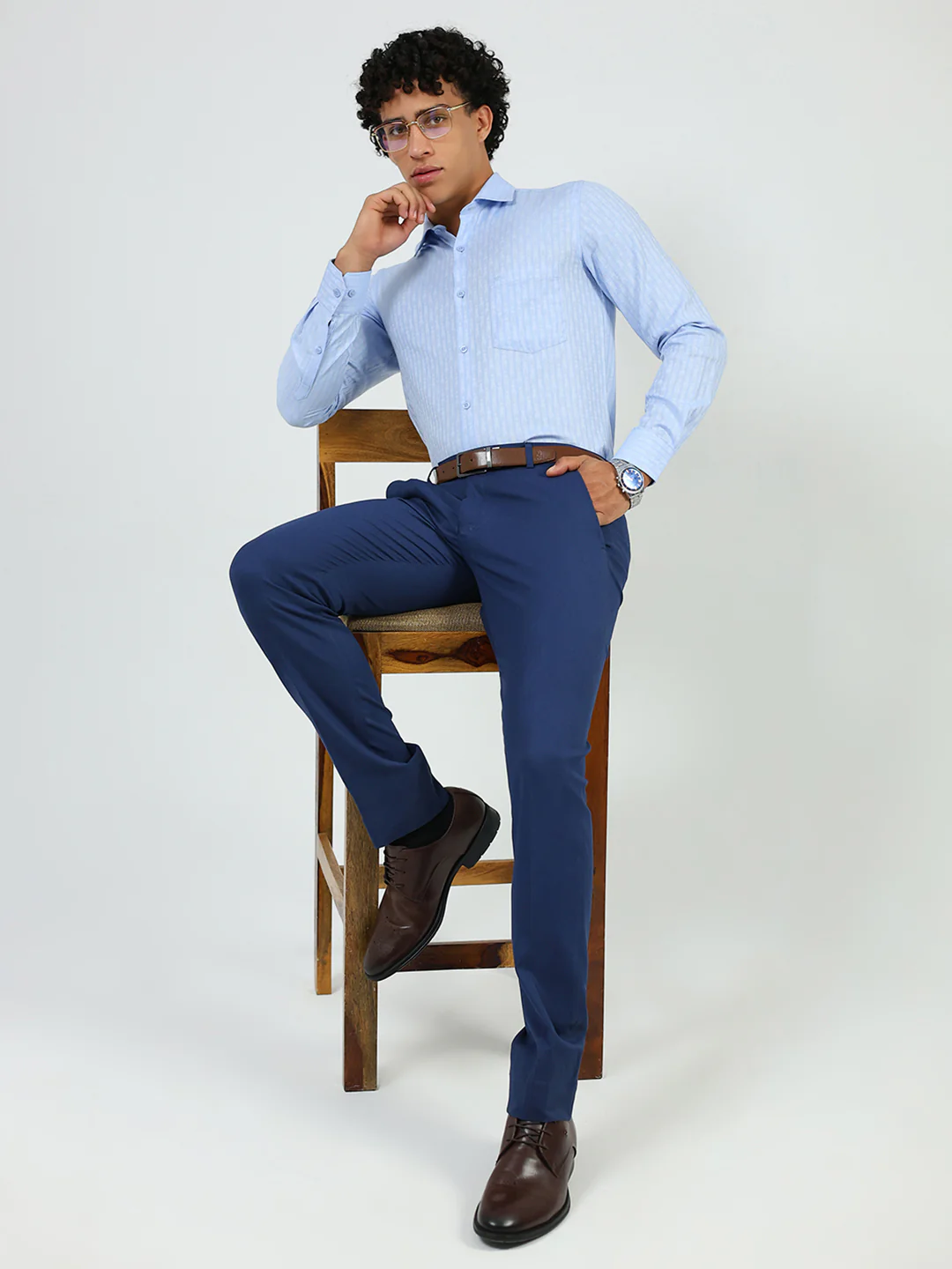Men Blue Solid Collar Full Sleeve Shirt - Image 2