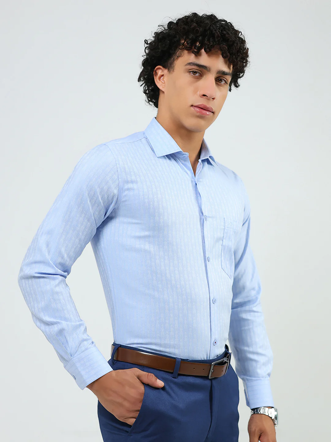 Men Blue Solid Collar Full Sleeve Shirt - Image 4