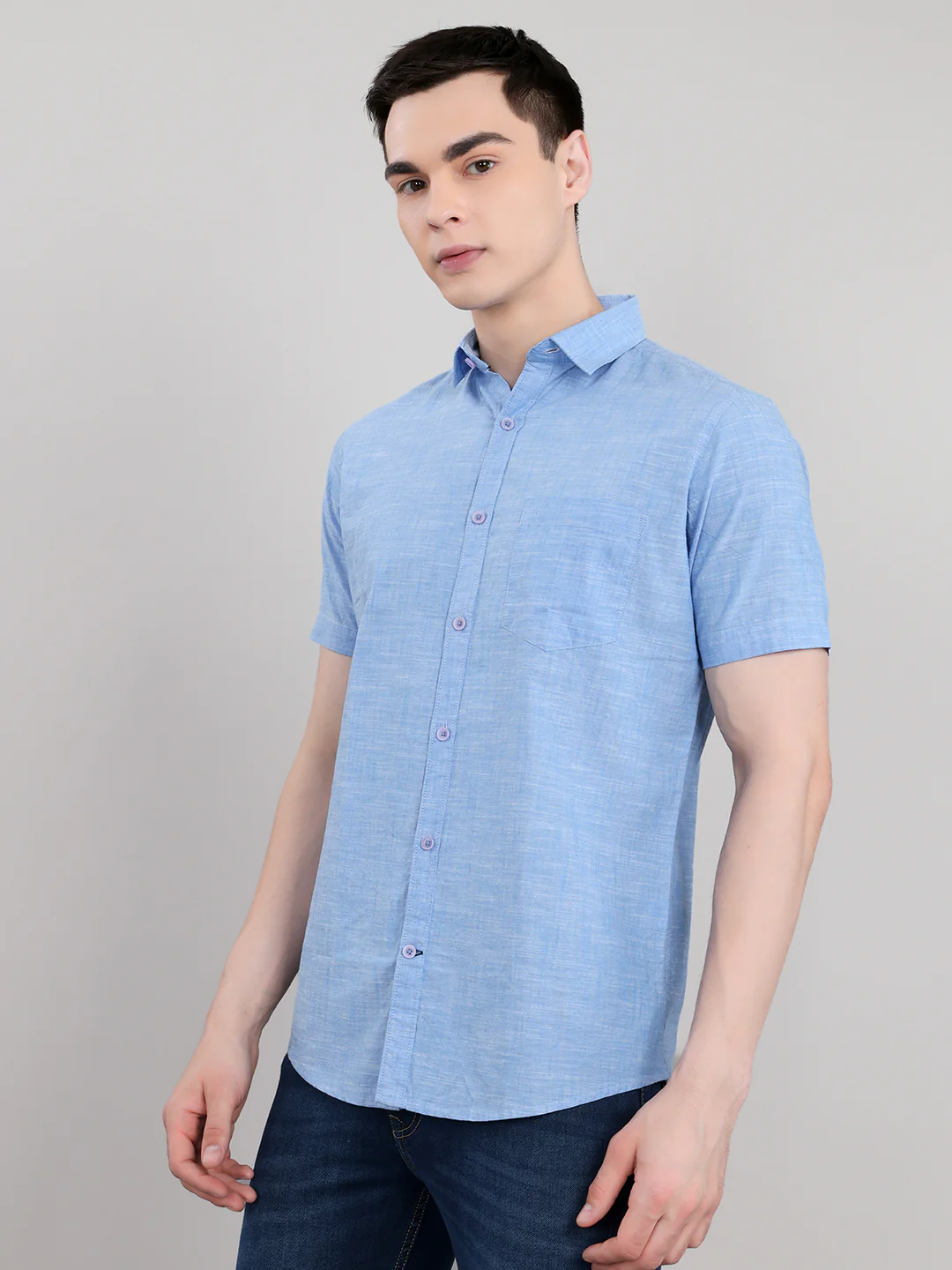 Men Blue Solid Collar Half Sleeve Shirt - Image 2