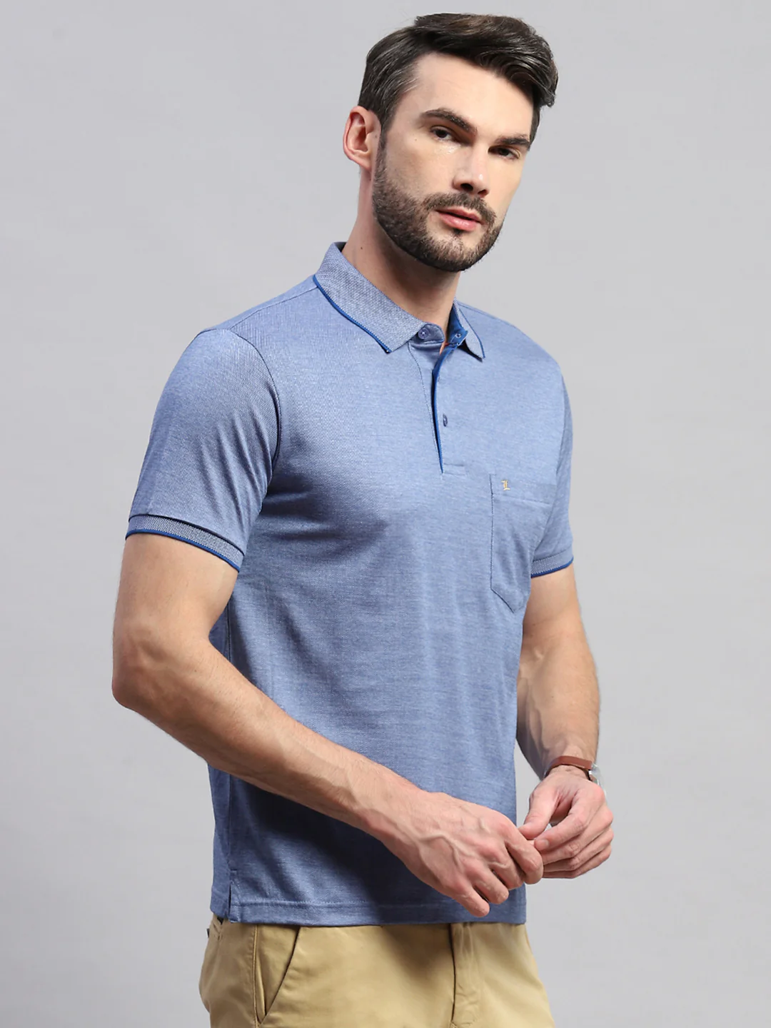 Men Blue Solid Collar Half Sleeve T-Shirt - Image 4