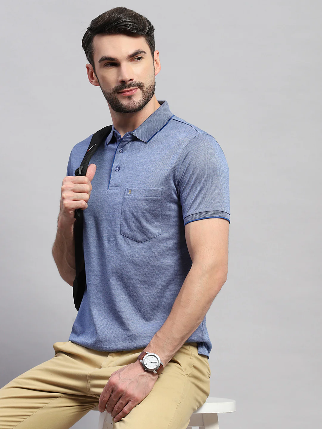 Men Blue Solid Collar Half Sleeve T-Shirt - Image 6