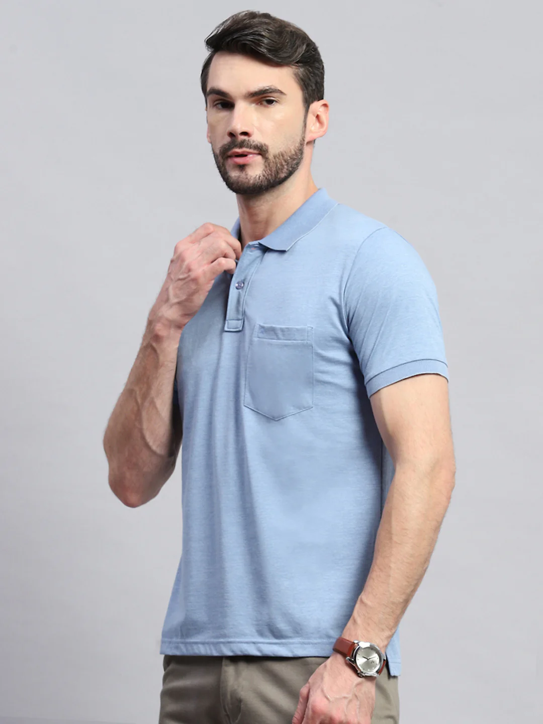 Men Blue Solid Collar Half Sleeve T-Shirt - Image 3