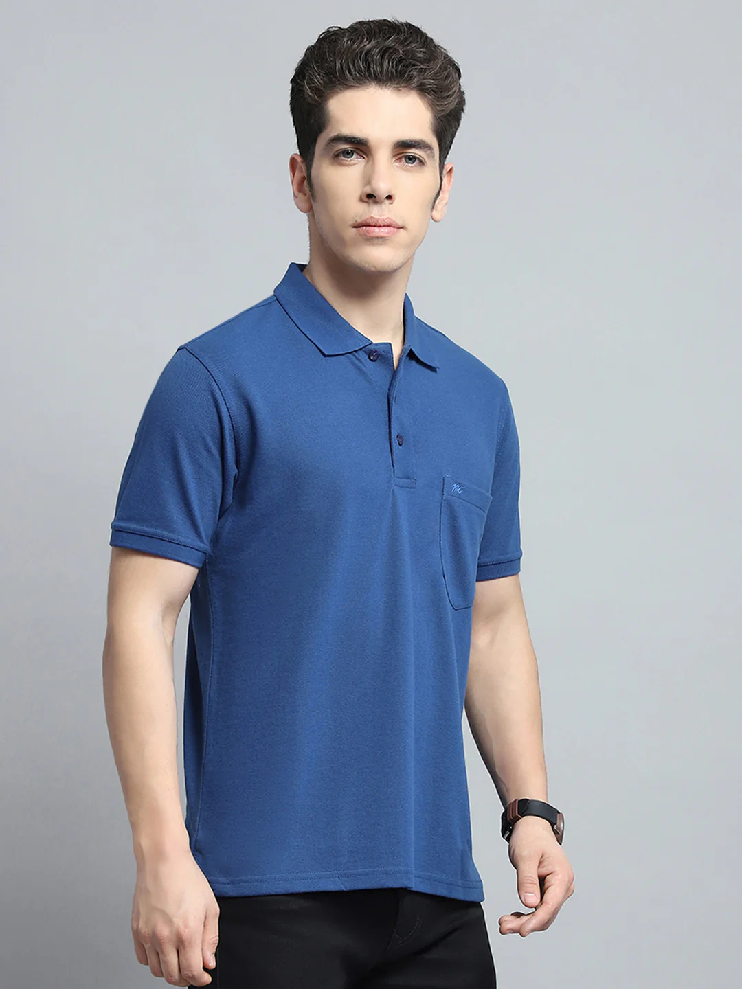 Men Blue Solid Collar Half Sleeve T-Shirt - Image 4