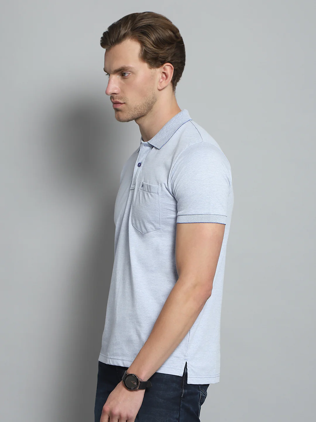 Men Blue Solid Collar Half Sleeve T-Shirt - Image 3