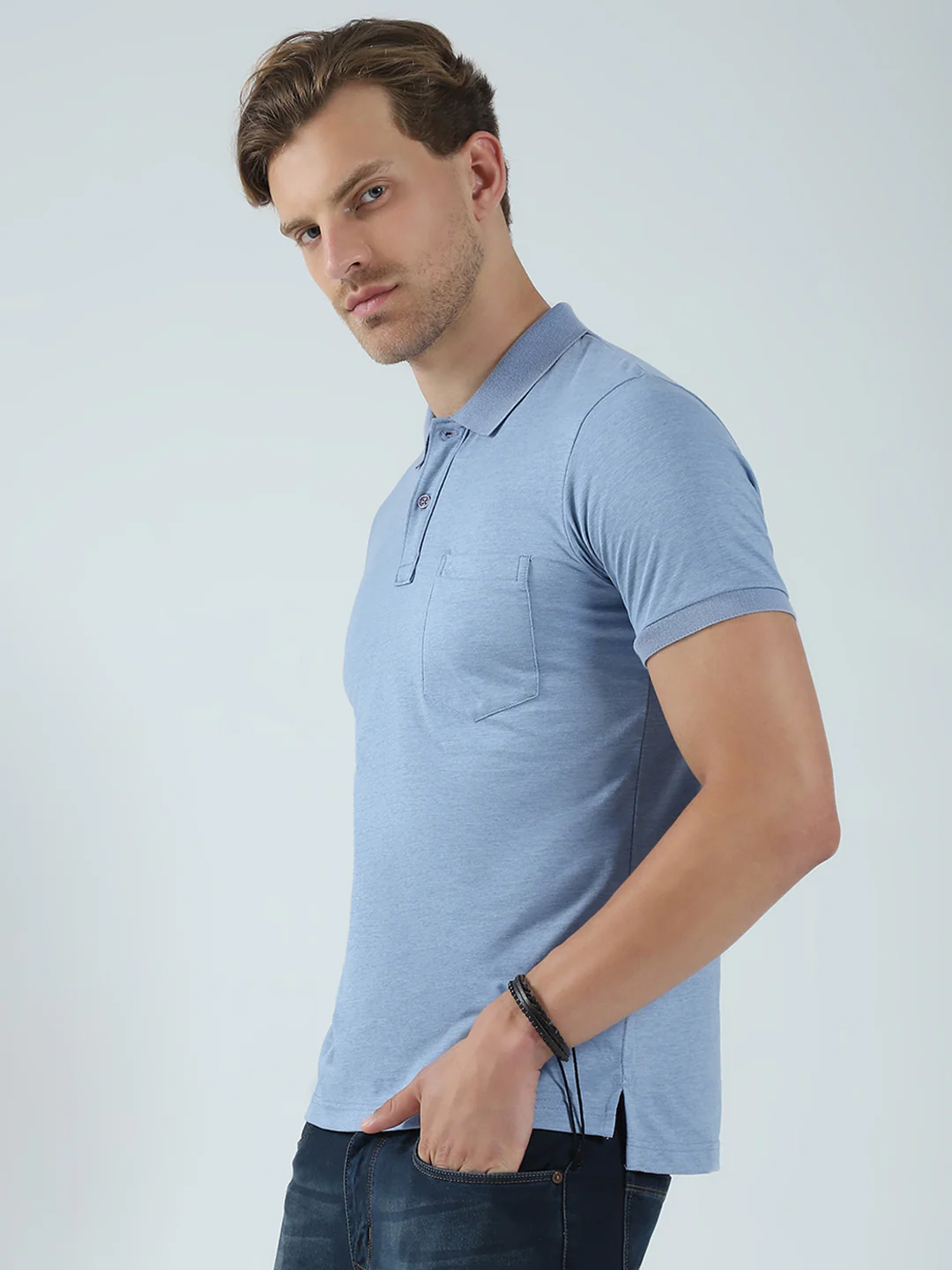 Men Blue Solid Collar Half Sleeve T-Shirt - Image 3