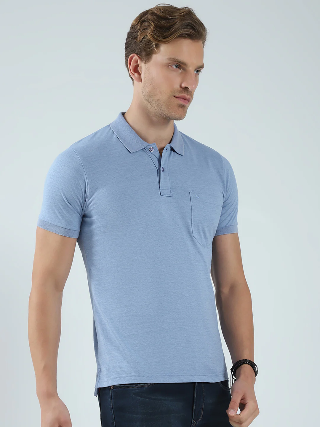 Men Blue Solid Collar Half Sleeve T-Shirt - Image 4