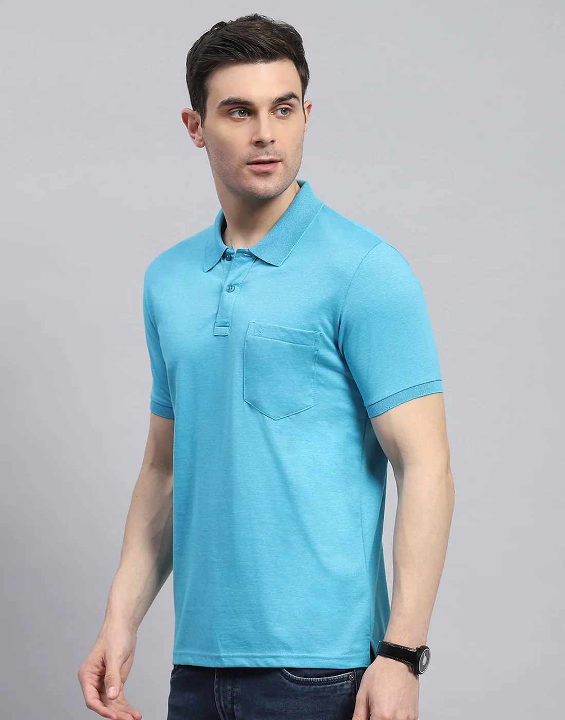 Men Blue Solid Collar Half Sleeve T-Shirt - Image 2