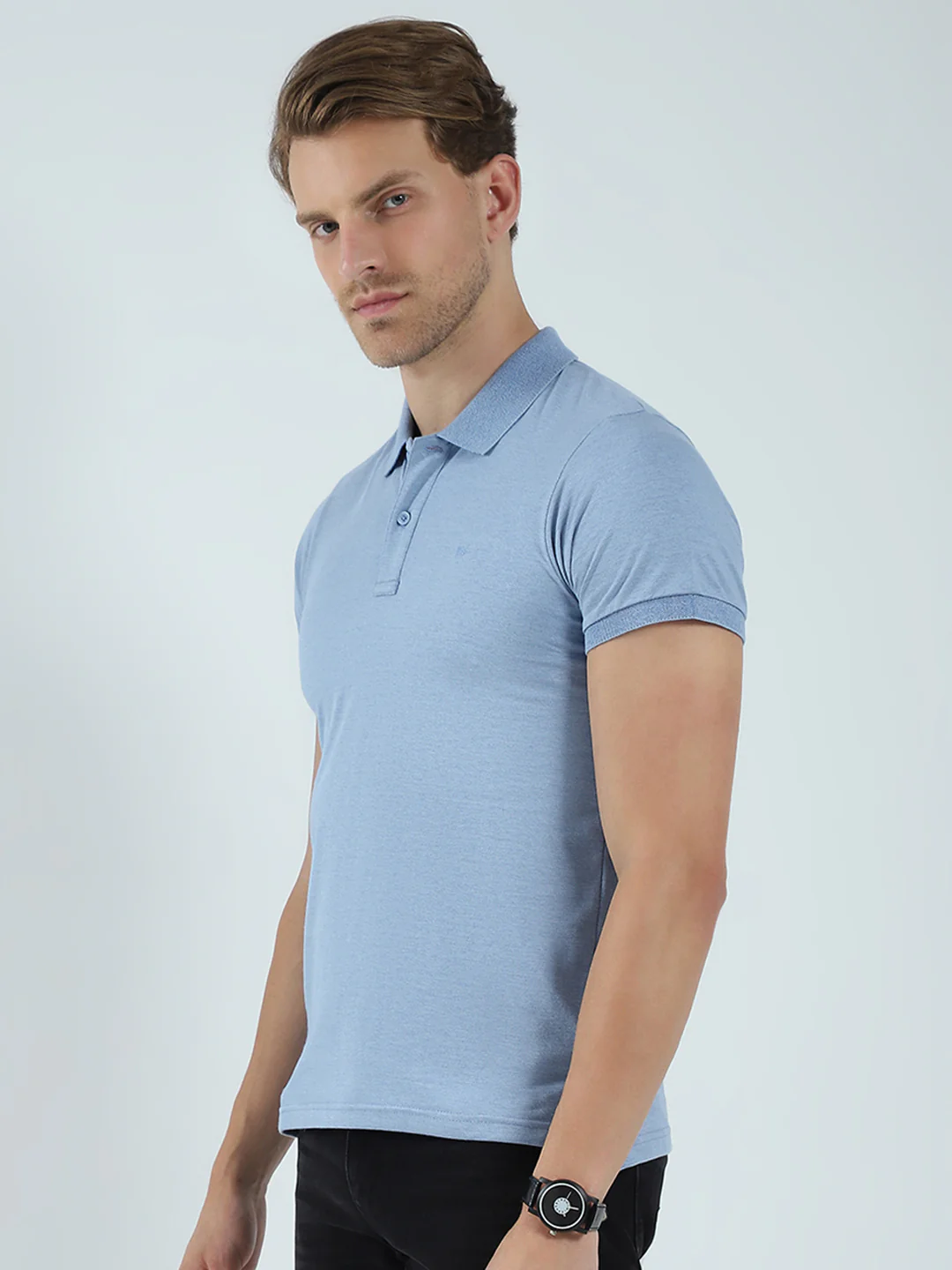 Men Blue Solid Collar Half Sleeve T-Shirt - Image 3