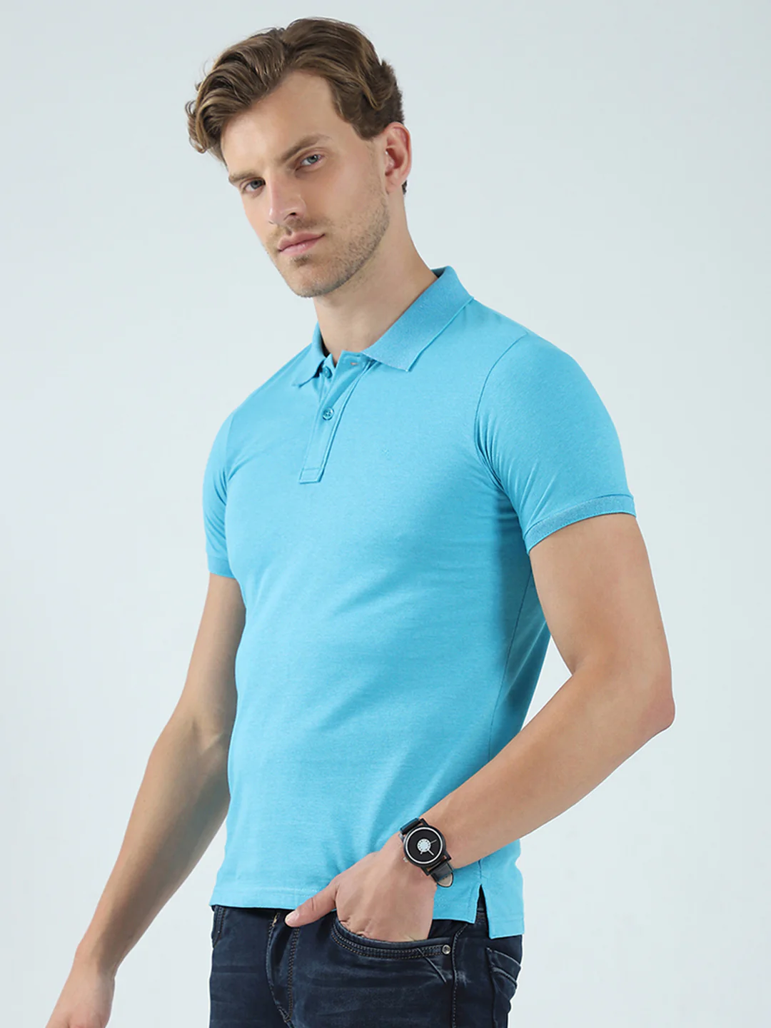Men Blue Solid Collar Half Sleeve T-Shirt - Image 3