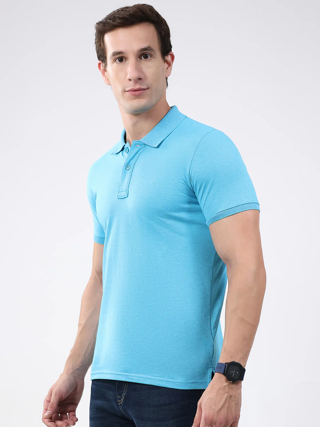 Men Blue Solid Collar Half Sleeve T-Shirt - Image 3