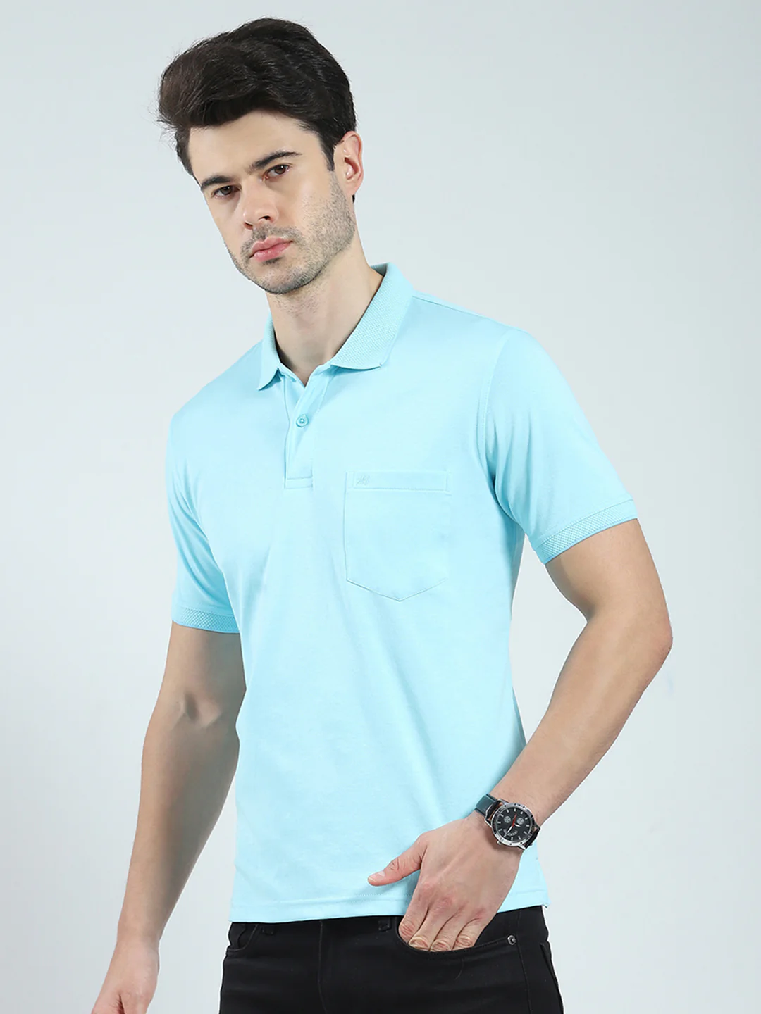 Men Blue Solid Collar Half Sleeve T-Shirt - Image 3